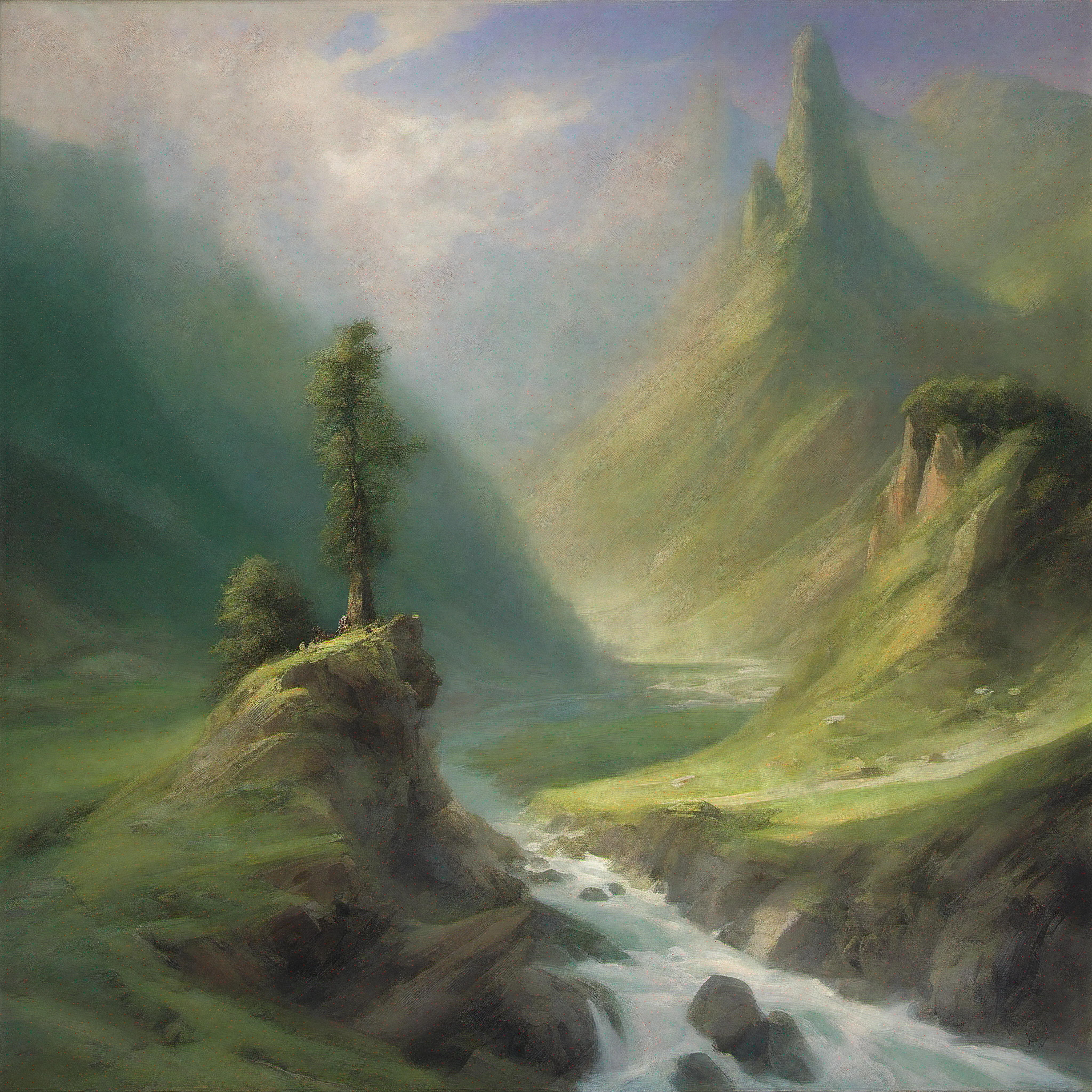 On a nearby hill overlooking the valley, a lone artist sat with his easel facing the extraordinary sight. His brush danced rapidly across the canvas, staining it with shapes and colors as he struggled to capture the majesty of the living land before him.
He painted broad strokes of emerald green for the sweeping hills that now formed the elemental's body. Dabs of glistening silver traced the river glinting in the morning light. He brushed swirling mixes of rock and moss for the craggy face taking form above.
The artist gazed up in awe between brushstrokes as Gandalf raised his staff atop the earthen head. With masterful flair, the painter evoked the clouds of dust billowing around the elemental's feet as it lumbered to life. The valley rumbled with each ponderous step, but the artist's hand remained steady.
On his simple canvas, a miniature vision of mythic grandeur took shape. The towering form of Gandalf and his earthen steed strode across a landscape that bent itself to the wizard's will. Behind it all, the painter stood enraptured, simply a tiny figure dwarfed by the majesty before him. His work glowed with fleeting moments of Middle-earth's magic, captured in timeless pigments by his humble mortal hands.