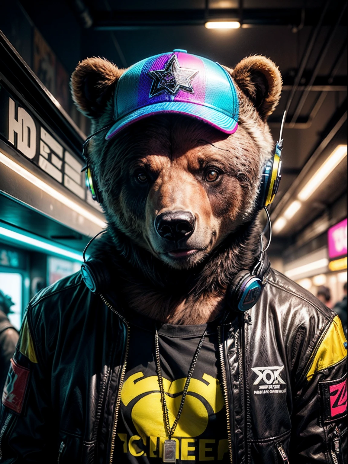 "(Close-up view of a bear), sporting a punk rapper outfit with neon glow jacket , complete with caps and golden neckwear, cool headset,The scene is set in a cyberpunk environment with vibrant neon lights and a colorful rainbow aura."