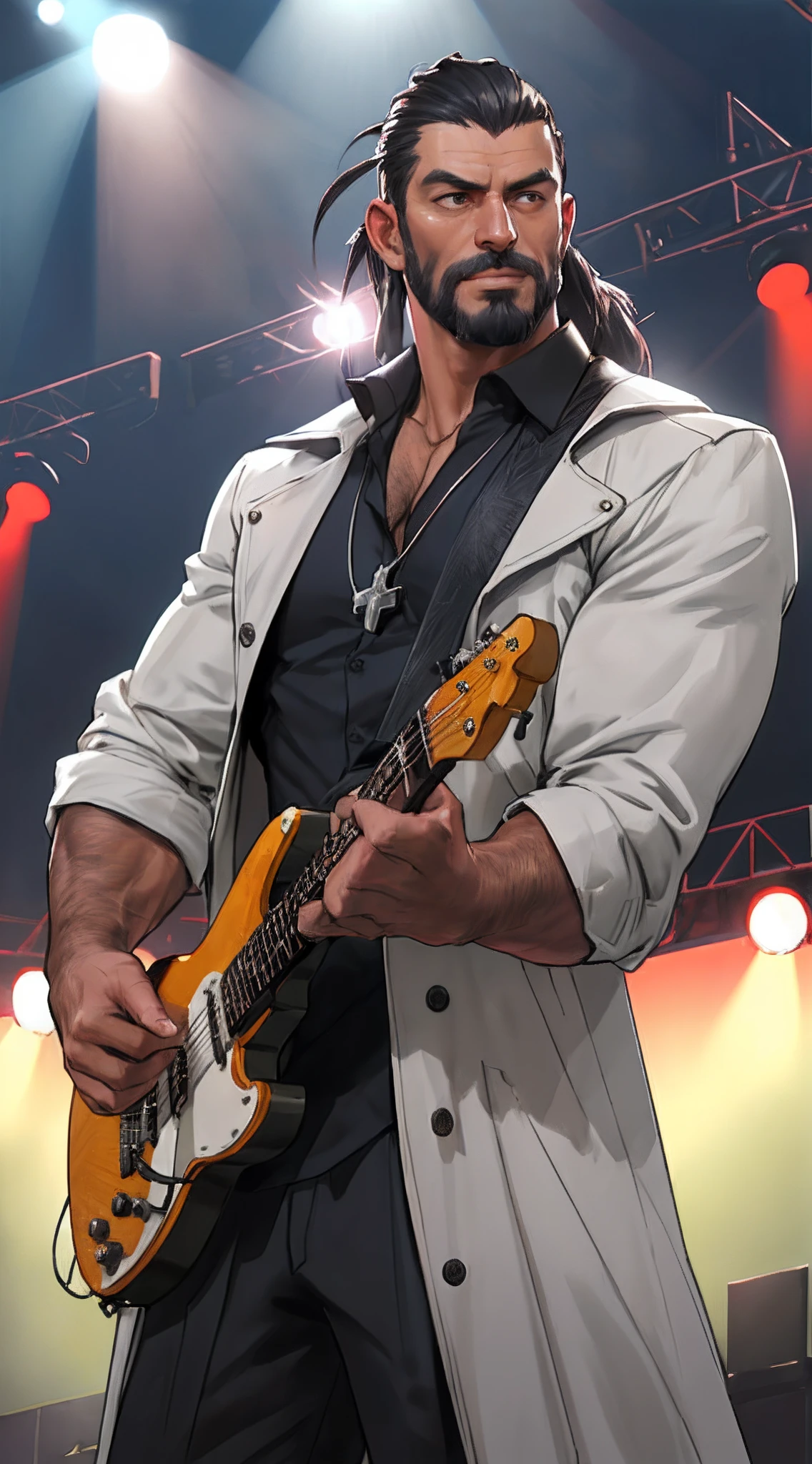 There is a man playing electric guitar on the stage, gigachad muscles, wearing a dull navy trench coat, wearing black shirt as inner, muscular men , male art, eric clapton, Commission for high resolution, Very heavy vignette!!!,hard ,Nothing is worn, Spotlight, slight laugh,veiny muscles,,shaggy lumpy body,Silver Plate Tag Necklace,Dad with extreme muscle mass,Black little long shaved side hair,Cropped beard face,Around 50 years old,tanned brown skin,ultra-detailliert,High quality,Realistic and smooth skin texture,Photorealistic Dandy Guy,Light and shadow