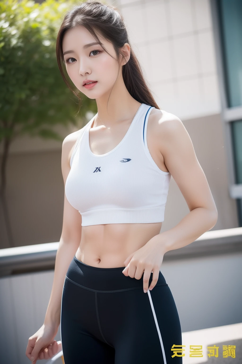 portrait,(8k, RAW photo, best quality, ultra high res, photorealistic, masterpiece, ultra-detailed, Unreal Engine),camera low, camera close, absurdres, best quality,1girl, solo, moonlight, lake, cozy lighting, campfire, standing, white leggings, white sports bra, sweat