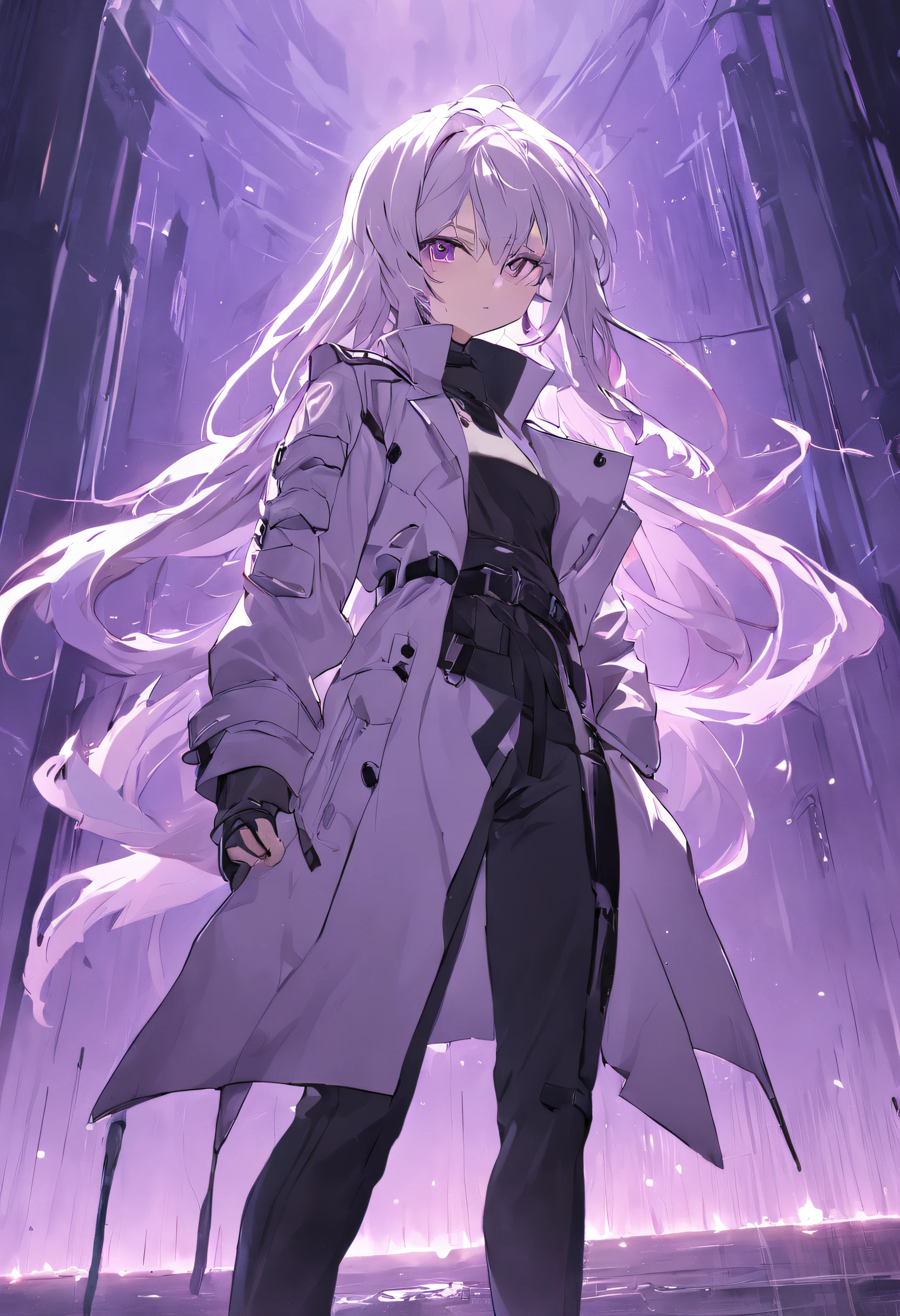 Two-dimensional woman,Long white silky hair,Bright purple pupils,White trench coat with black hard vest armor,A tactical belt hangs a black pocket,Black slim trousers with leggings,A pair of black tactical high-top boots,4k高清
