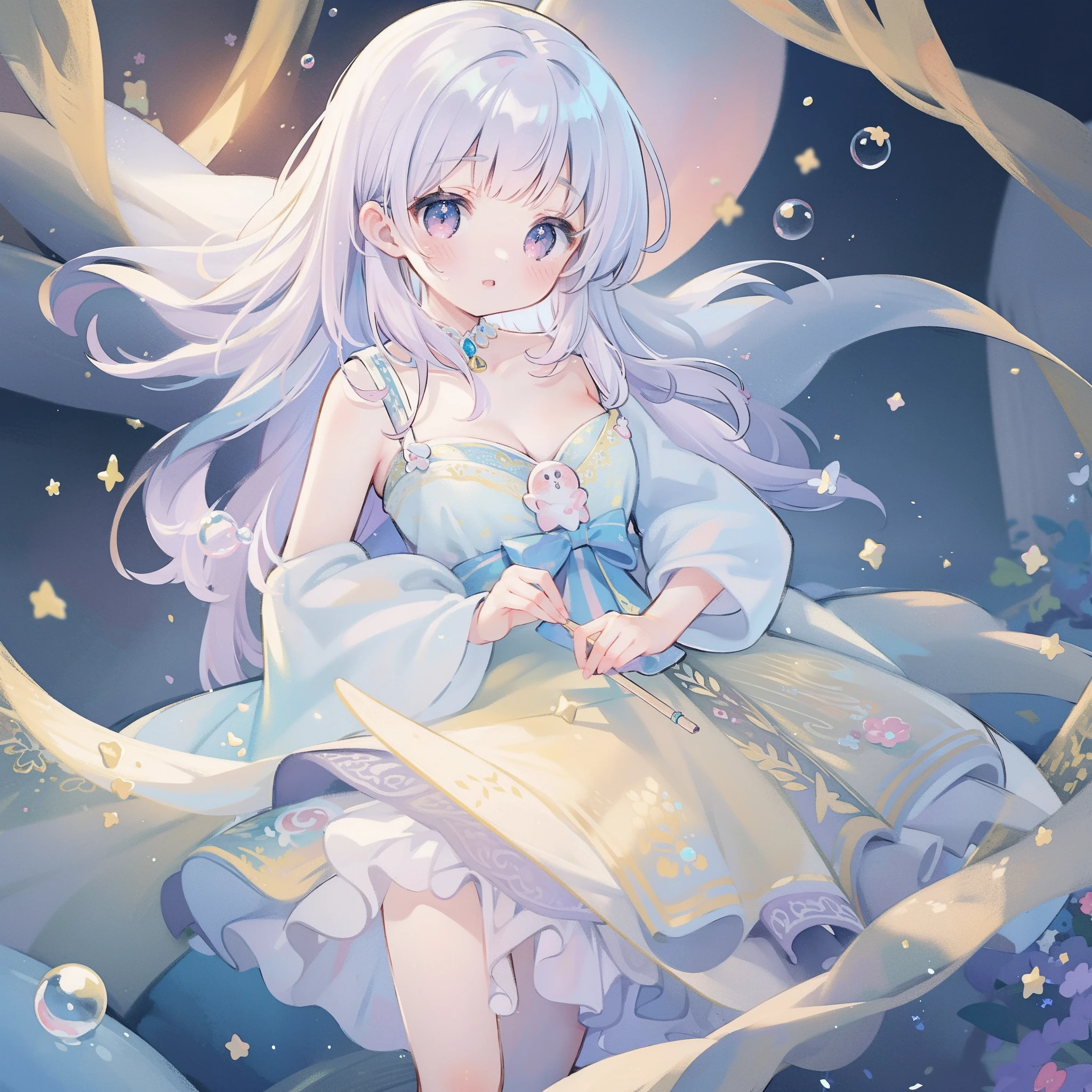 masterpiece, best quality, 8k resolution, sharp focus, intricate detail, beautiful girl, sparkling eyes, golden ratio face, otherworldly liquid, watercolor, pastel colors, bright colors, whimsical, colorful, sharp focus, high resolution, fine detail, princess layered ballgown, ((round eyes)), iridescent bubbles, magical