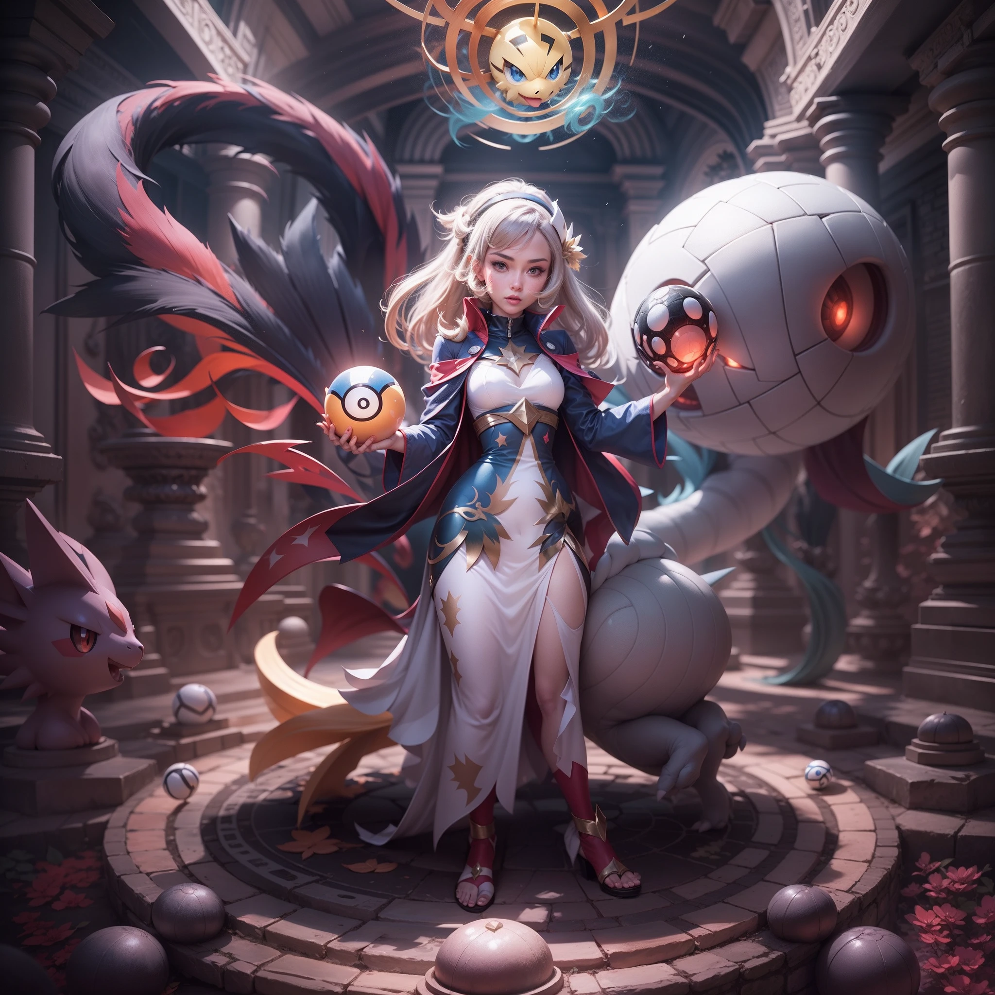 A Pokemon master that appeared in the real world, an unparalleled beauty holding a master ball, a combination of beauty and Pokemon, a super cool legendary Pokemon appearing from the master ball, the ultimate temple, high-level image quality, high quality, realism,
