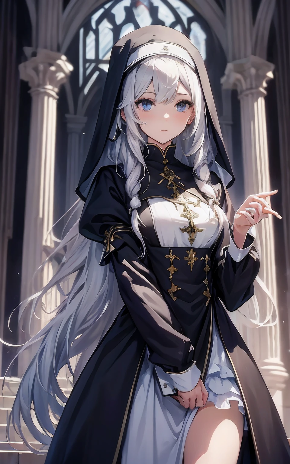 best qualtiy,tmasterpiece,Ultimate Resolution,downy,highly colorful,Colorful,saintess,silver-white long hair,Curly,a matural female,Crop topping,Nun dress,Metamorphosis is exposed,cathedral,sanctuary,Normal posture