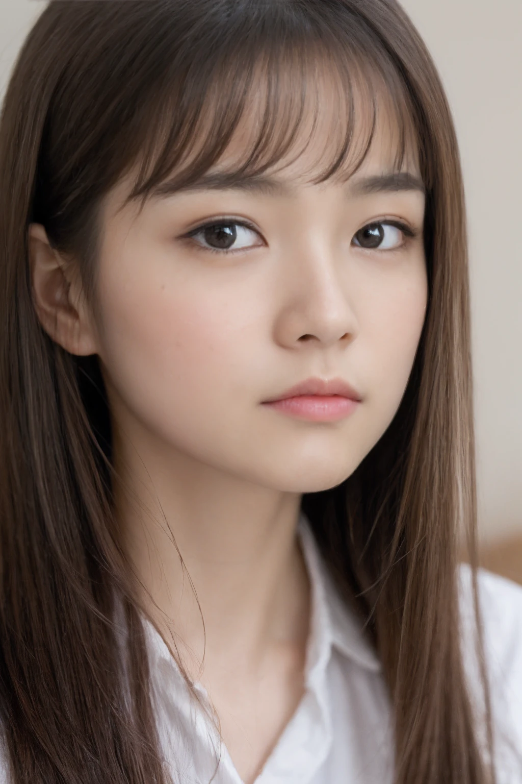 ((Show face only、Close-up of face))、(realisitic、Photorealsitic、ultra-detailliert、Highest Details Skins、top-quality、masterpiece、超A high resolution)、Cute Japan person、、hi-school girl、younggirl、Thin makeup、1 girl in、((Eyes closed、Pained look))、I have bangs、二重まぶた、drooing eyes、Japanese style face、a baby face、purity、 skin type