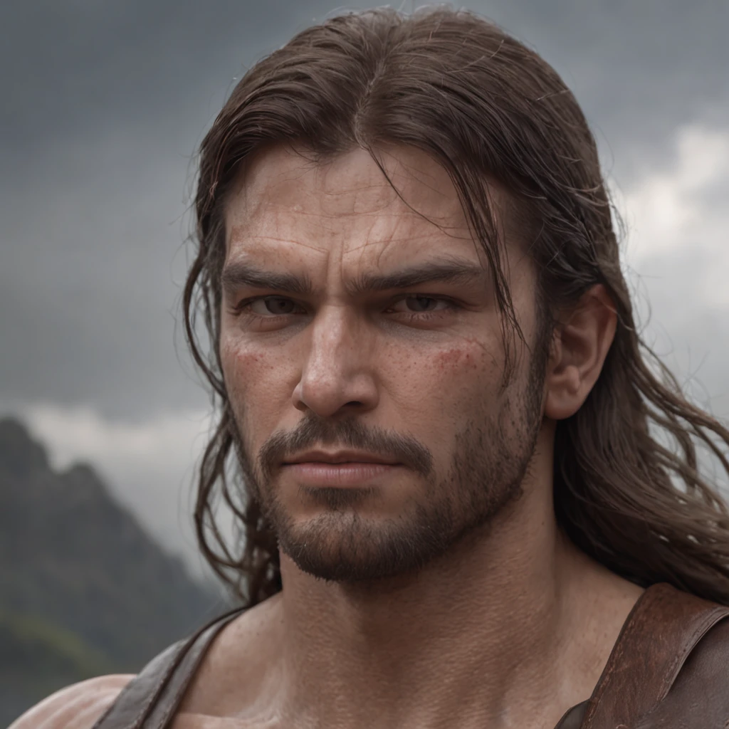 (Professional 3D rendering:1.3) de (Realistic:1.3) Foto de arte mais bonita do mundo,Features soft, bright male heroes, ((Epic hero fantasy rough muscular man wet hero angry look long hair short beard and fierce expression in dynamic pose, fantastic location, majestoso ambiente desordenado)), corpo inteiro 8k unidade render, action shot, poros da pele, very dark lighting, sombreamento pesado, circunstanciado, Rosto detalhado, (vibrante, fotogrdeia realista, Realistic, Dramatic, Escuro, foco nítido, 8k), (Old leather clothes damaged by bad weather:1.4), ((((Use peles)))), (intrincado:1.4), decadente, (altamente detalhado:1.4), pintura digital, rendering by octane, art stations, Conceito-Arte, liso, foco nítido, illustration, germe da arte, (Loish:0.23), Wlop Ilya Kuvshinov, e Greg Rutkowski e Alphonse Mucha Gracias, (global ilumination, studiolight, Light Volumetric), chuva forte, floating particles, patife, fantasia, Onze, corpo inteiroesbian, ((Fundo escuro e antigo da cidade:1.3)),CGSesociedade,art stations