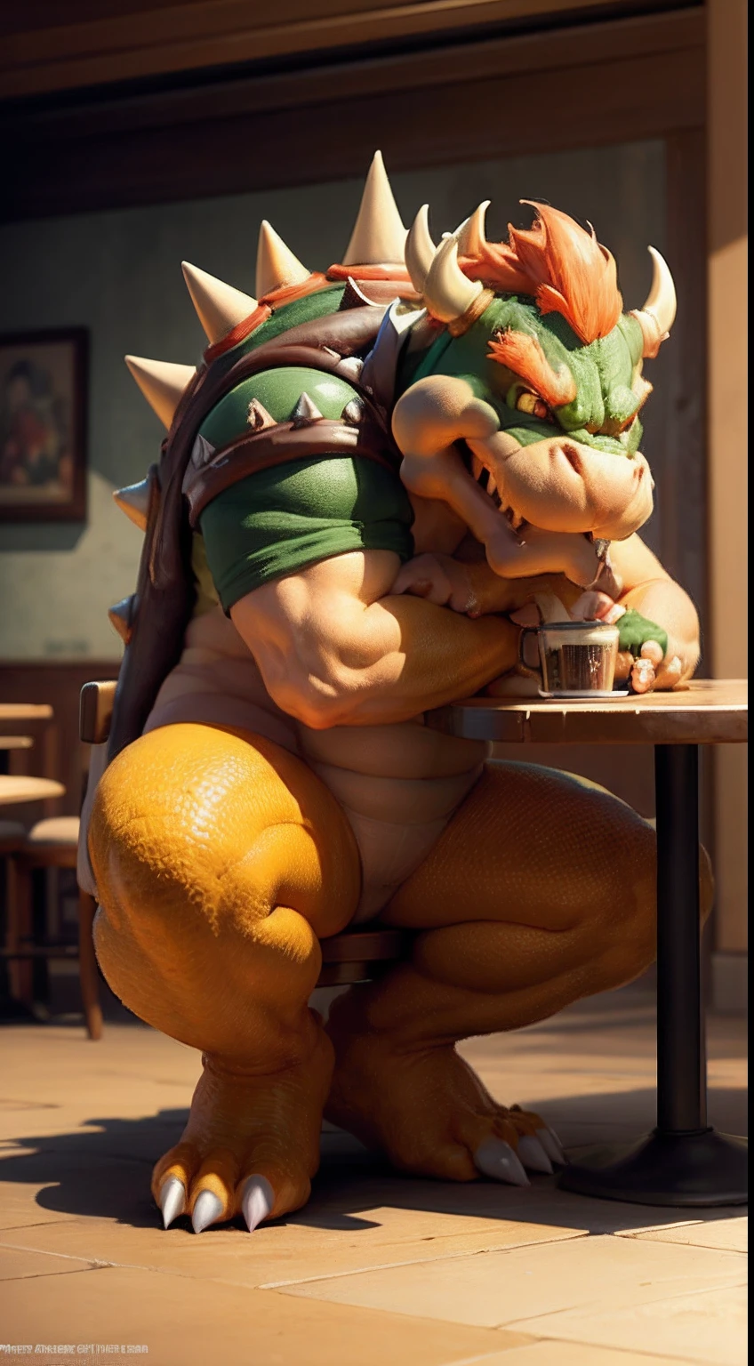 ((Masterpiece, best quality)) , Bowser on the restaurant, male, dragon, sitting on the table, by Frank Frazetta