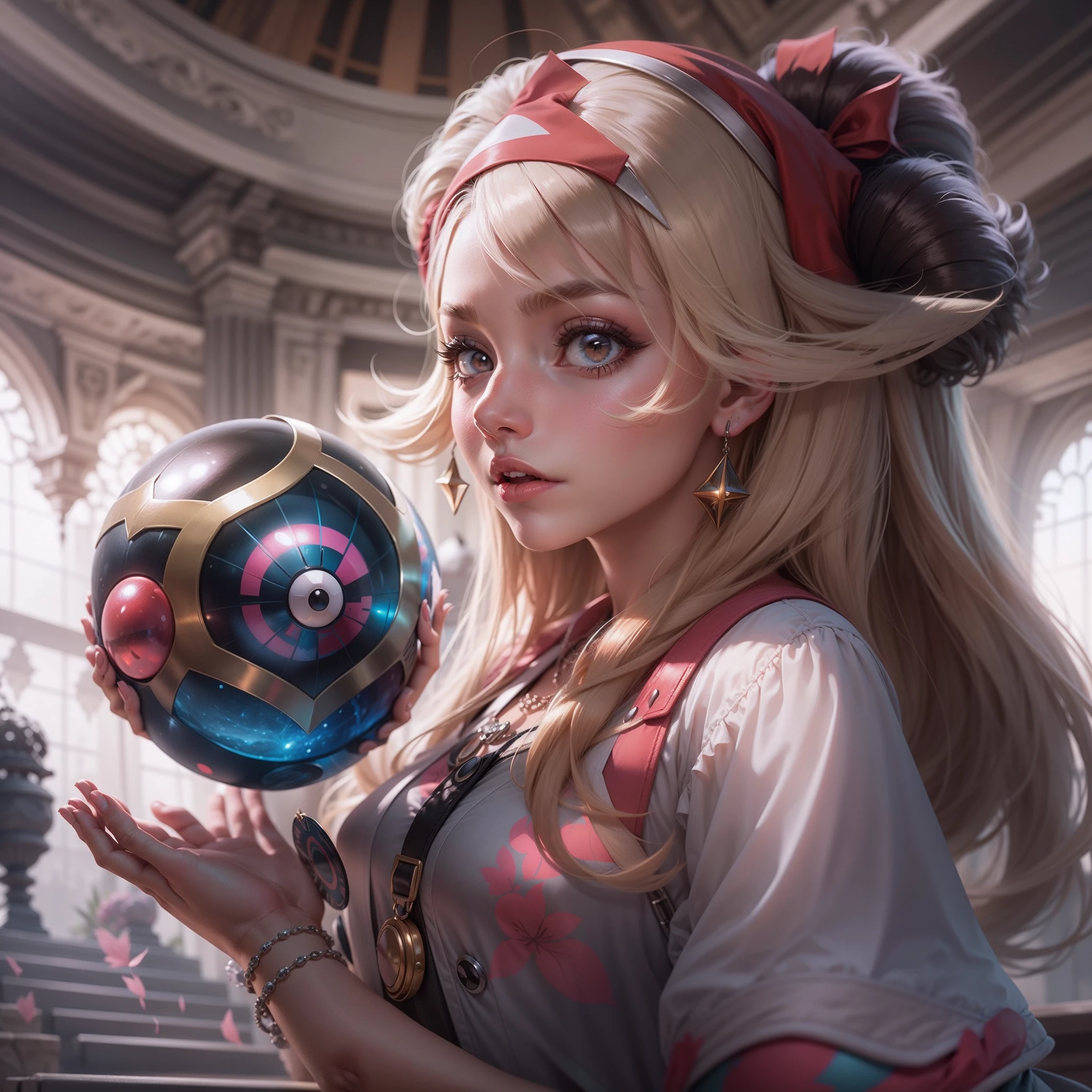 A Pokemon master that appeared in the real world, an unparalleled beauty holding a master ball, a combination of beauty and Pokemon, a super cool legendary Pokemon appearing from the master ball, the ultimate temple, high-level image quality, high quality, realism,
