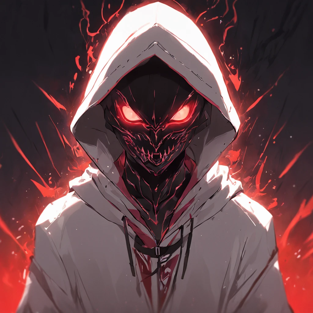 Concept art of a computer game character, blackandwhite, in two projections, An assassin man in a white hooded suit, evil look, evil smile, glowing red background, Simple black lines, simplified