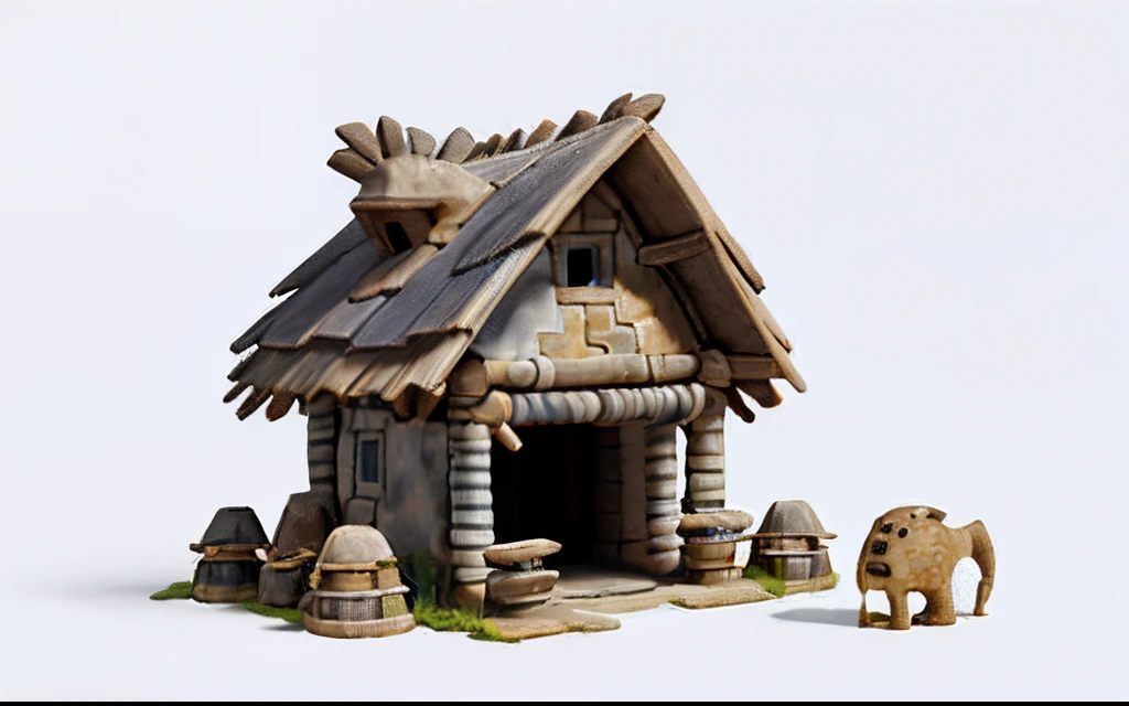 cartoonish style,Game architectural design,Bizarre design,Prehistoric primitive tribal style,(Irregular building、steins、in rags with、Skins、Huge bone decoration),white backgrounid,casual game style,best detail,Blander,tmasterpiece,best qualtiy,toon rendering,8K