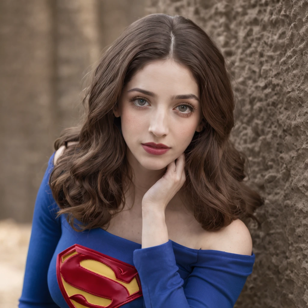 Emily Rudd dressing the Supergirl outfit, 8k ultra,