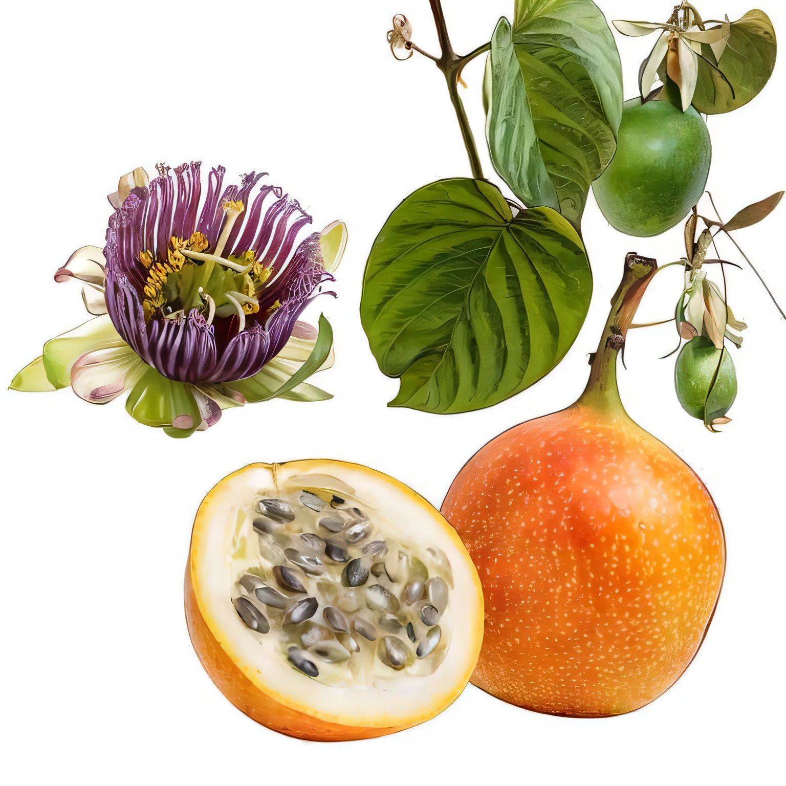 There are two pieces of fruit and a flower on a white background, passion fruit, frutas tropicais, Fruit, an illustration of, botanico, frutas e flores, illustration", Passion Flower, large exotic flowers, abundant fruition seeds, illustration, botanicals, Frutas, botanical art, bom - olhando, botanical illustration, renderizado, botanico, frutas estranhas