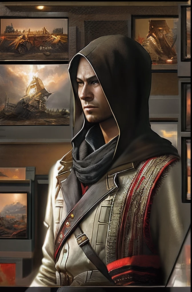 Assassin's Creed Mirage,VHS effect,(poster for:1.6),poster on wall,Nostalgia,filmposter,Western film(skin textures),intricately details,finely detailled,Hyper-detailing,Ray traching,sub surface scattering,diffused soft lighting,shallowdepthoffield,author:(Oliver Waite) CGSociety trends,复杂,high detal,Sharp focus,dramatics,The art of realist painting by Greg Rutkowski