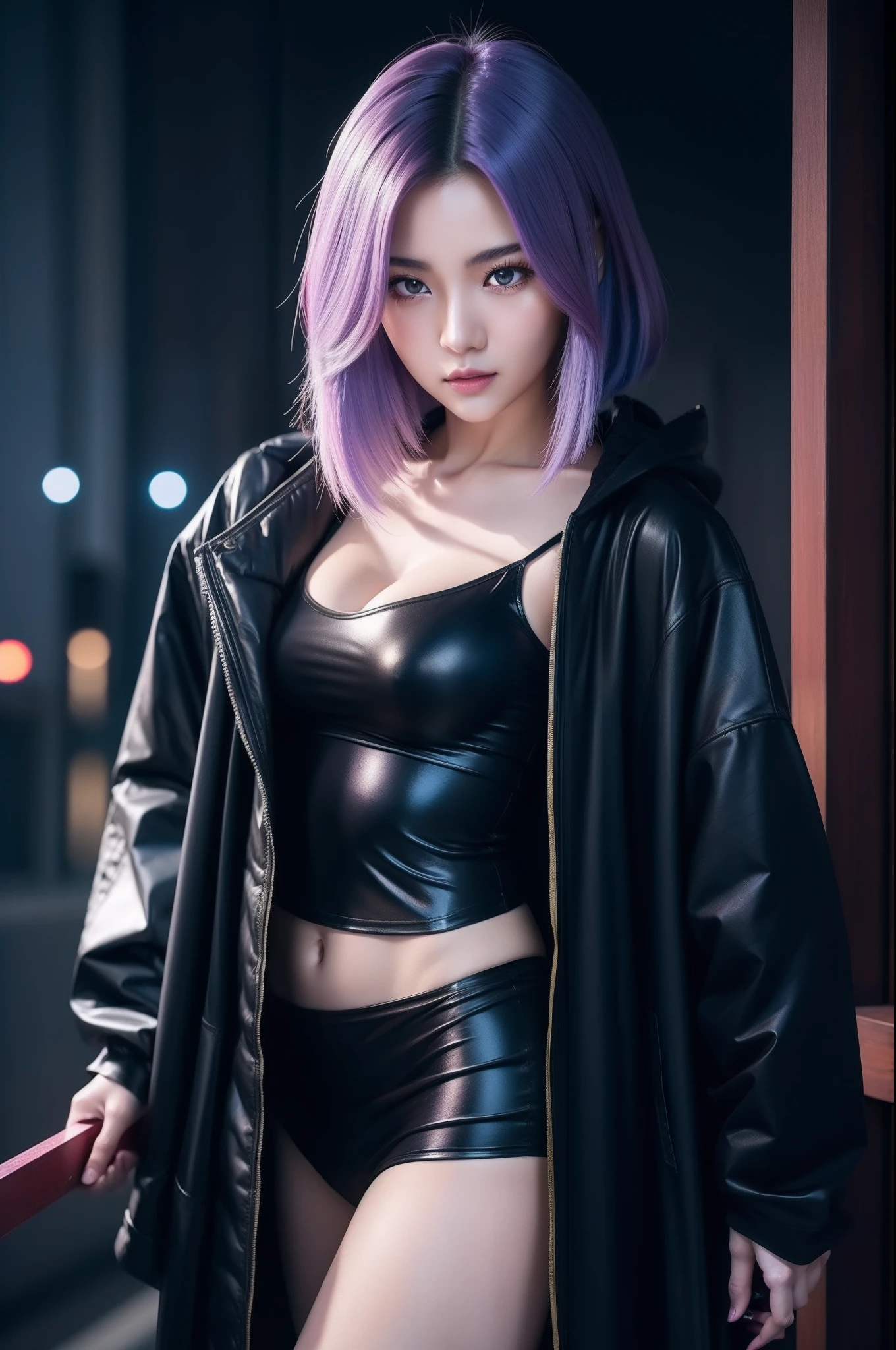 anime girl in a black outfit with a sword in her hand, very beautiful cyberpunk samurai, digital cyberpunk anime art, anime cyberpunk art, cyberpunk anime girl mech, cyberpunk anime girl, cyberpunk anime art, female cyberpunk anime girl, cyberpunk geisha, digital cyberpunk - anime art, cyberpunk samurai, anime style 4 k, badass anime 8 k, cyberpunk anime girl in hoodie, beautiful south korean woman, korean girl, beautiful young korean woman, korean woman, heonhwa choe, korean women's fashion model, sexy look, big breast, sexy pose, show breast, light purple hair