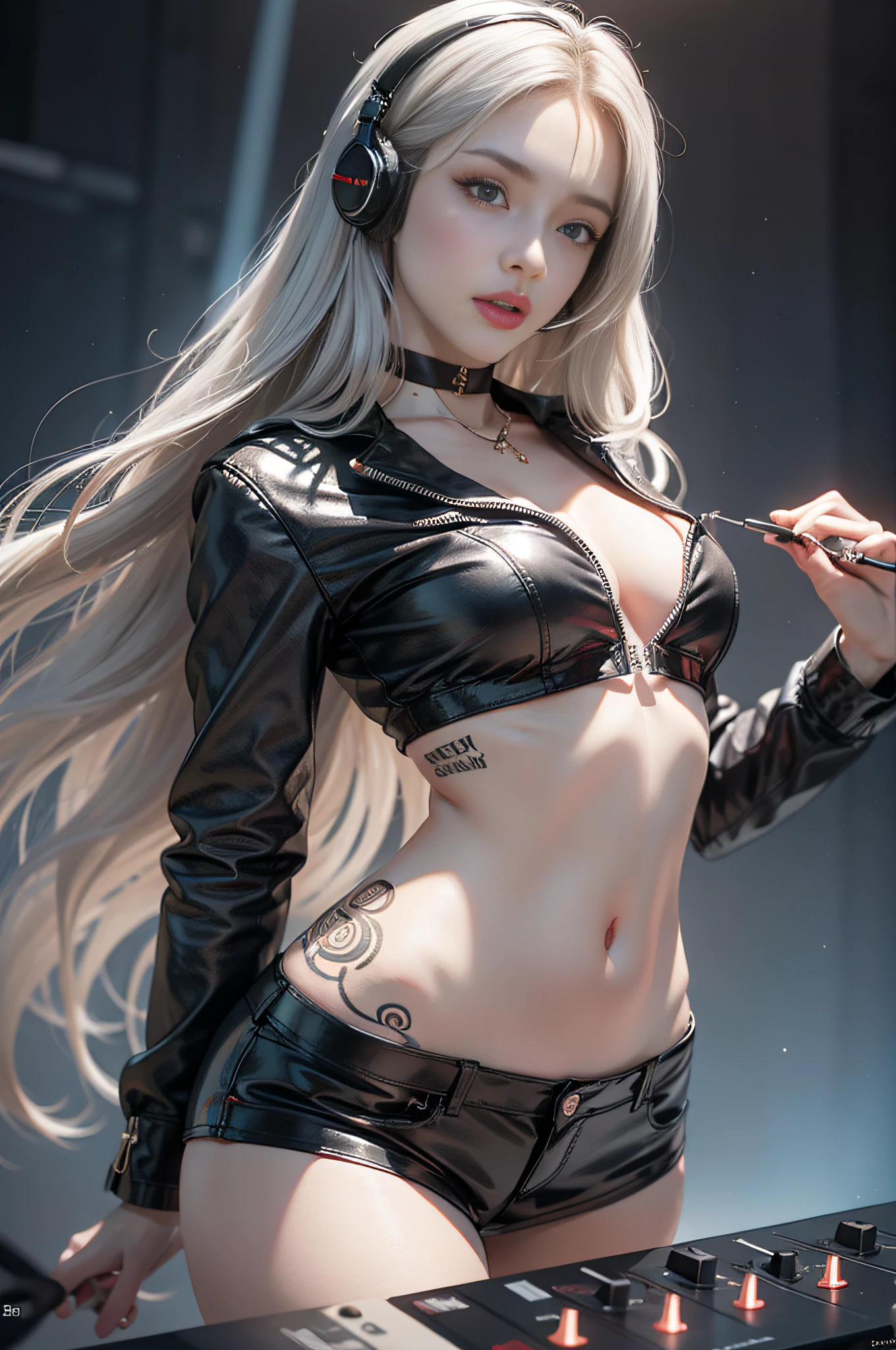 Authentic photography，Great handsome work，It is a real photo，clear picture quality，8K分辨率，8K HD CG production，Ultra-clear, high detal, Ultra-fine images，upscales, Clear and meticulous work，Detailed CG image quality:1.1，Ultra-high resolution large files，Advanced pixels，Advanced detailed details，Superb technical clarity detail：1.1，Authentic photography，Interior lighting effects，Natural dimming effect，Light effect（Simulate lighting effects：1.1）Woman on a plate，A female DJ，Goddess of electronic sound，Long-haired sister，Long silver hair，Long silver hair，Ultra-fine hair，Clear strands of hair（Super hair details：1.5），There are crimson pupils，A pair of hooked eyes，Delicate eyelash makeup, Thin eyebrows, Super detailed eyes，lips in red，Sexy big red lips， rosycheeks, Delicate facial makeup , Pretty face, a face with perfect proportion,（Advanced facial details：1.1），choker necklace，耳Nipple Ring，Bracelet，waist chains，Red headphones，Wear black leather shorts，Leather shorts，White sexy lingerie with black jacket，White suspender underwear，Pointed-toe heels，Small tattoo on the side of the navel，Tattooed with，Solo，Play on the nightclub stage，DJing on stage，Nightclub style，DJ plays，Electric DJ series，Black and white series，Format the picture，Mature series，Authentic photography，album covers，真实感，Amazing