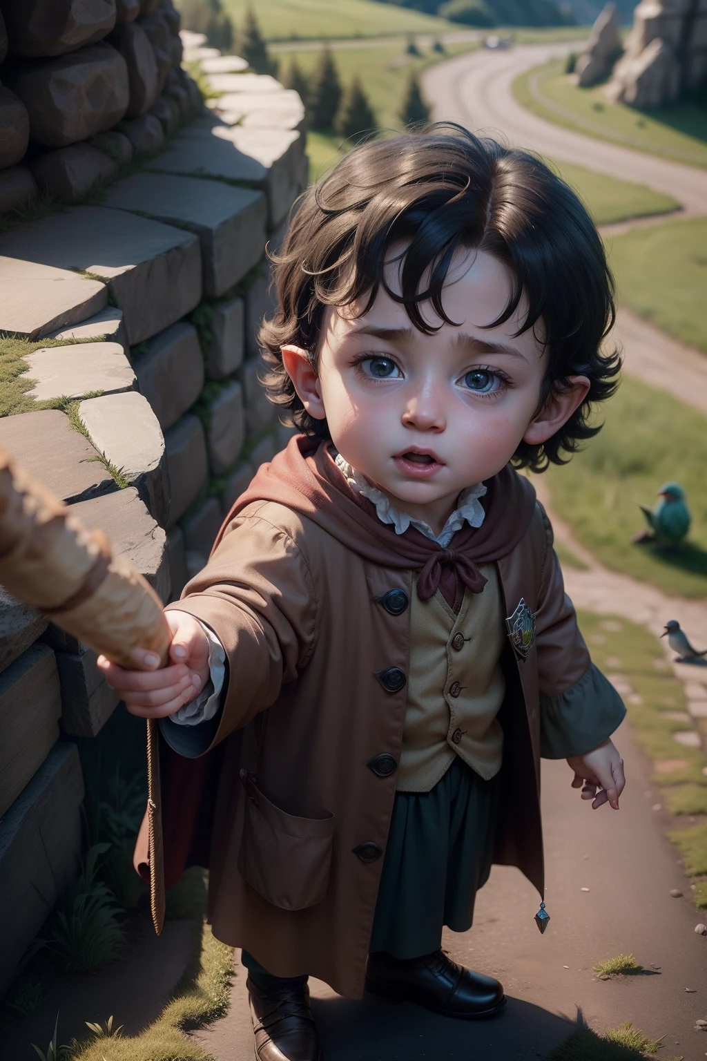 (CBZBB:1.25), baby Frodo Baggins dressed as a Harry Potter wizard, Gryffondor, une baguette magique dans la main, Debout de dos, bird eye view, ArtStation, .........CGI_Animation,