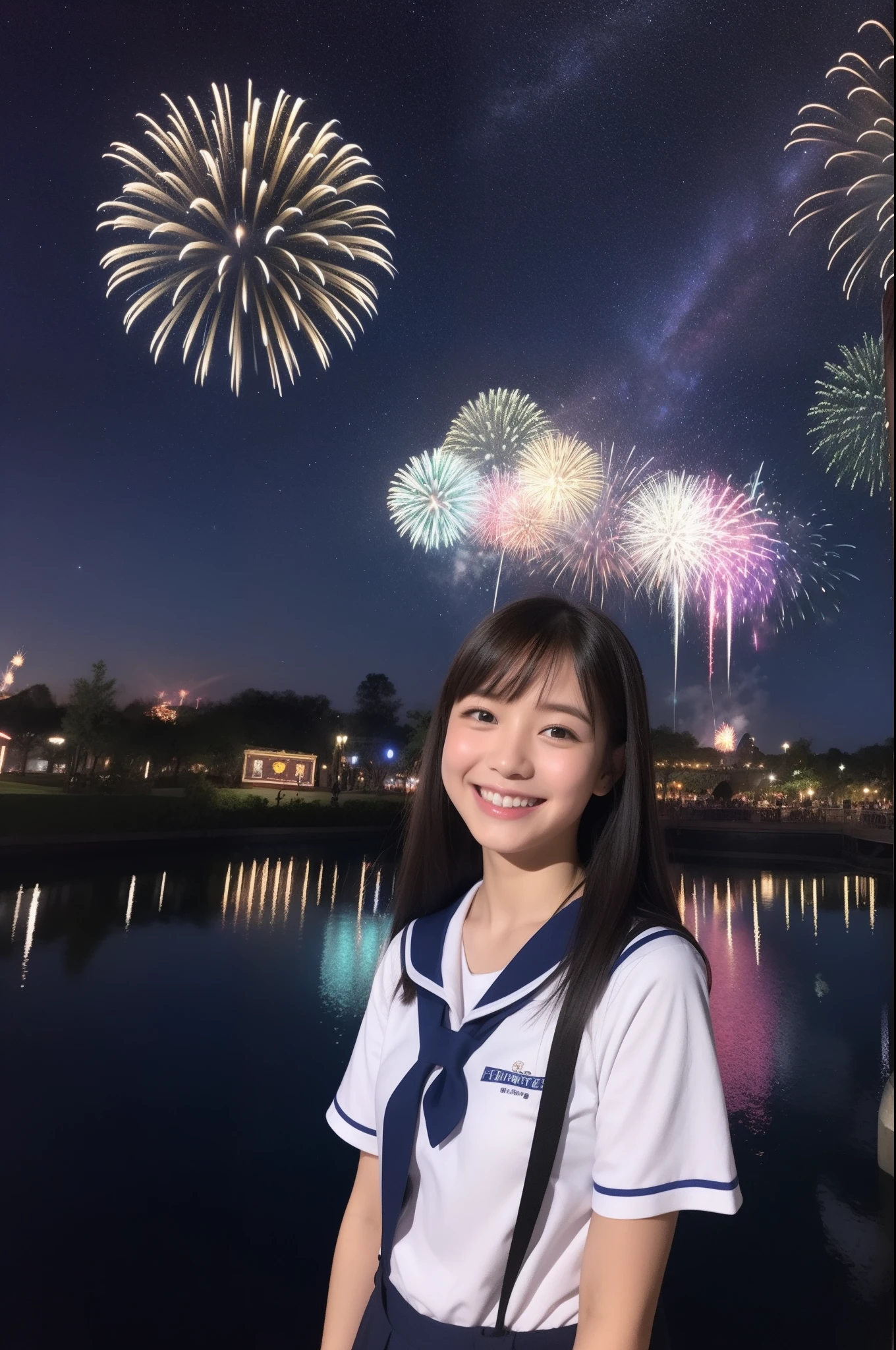 A smile、hi-school girl、Uniforms、shortsleeves、An amusement park、While doing fireworks、starrysky、Aurora