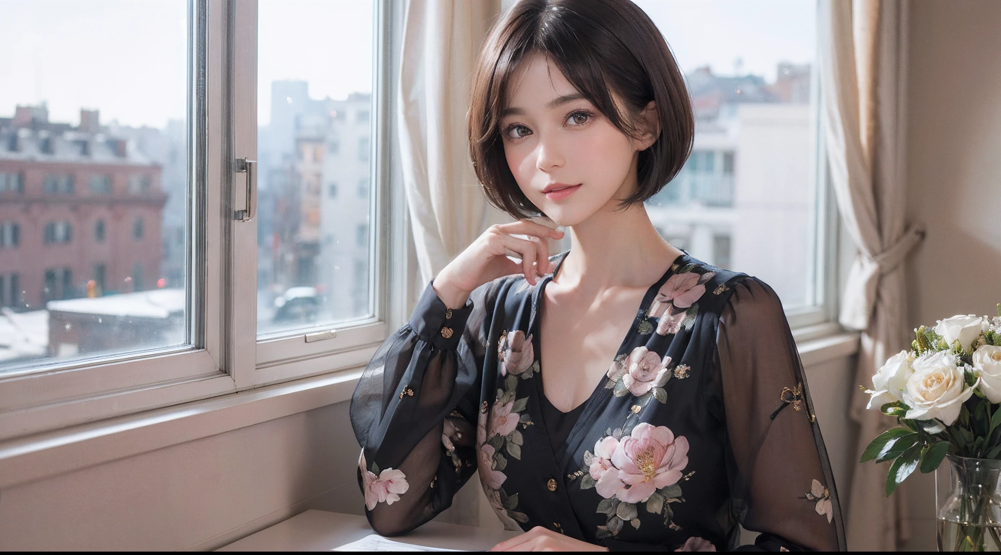 (masutepiece:1.3), (8K picture quality), Photorealsitic, Raw photo,  (Best Quality: 1.4), (1womanl), Pretty Face, (Realistic face), (A dark-haired, Short hair:1.3), Beautiful hairstyle, Realistic eyes, Detailed fine eyes, (Realistic skin), Beautiful skin, ((Chest chest)), Absurd, Attractive, Ultra-high definition resolution, the golden ratio, Very detailed, depth of fields, By the window of the café, A slight smil, Floral clothing