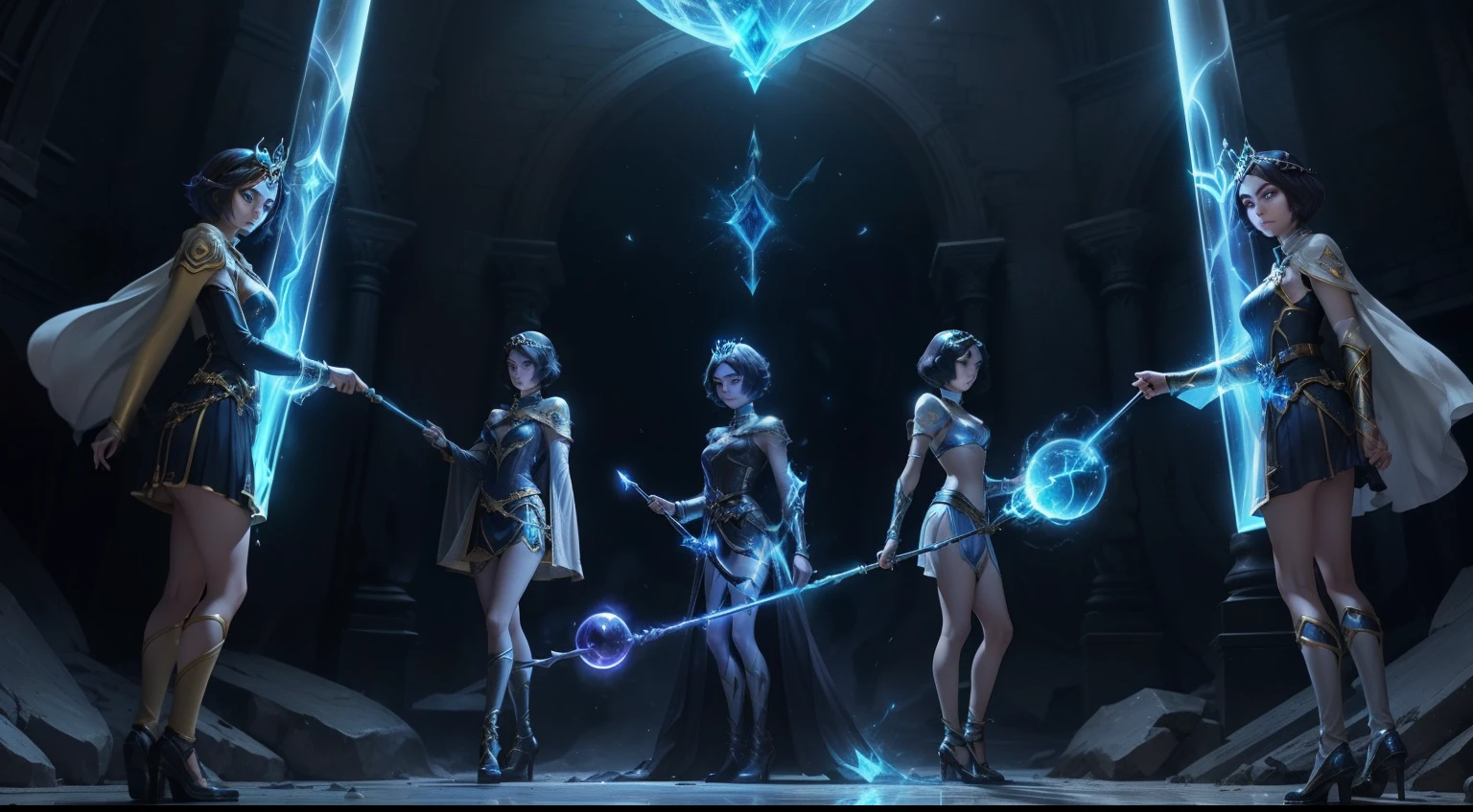 Le'blanc League of Legends, long staff in hand, glowing stone at the top of the staff, dark navy hair color, short hair, semi-transparent clone of herself, yellow eye color, illusionist sorcerer, Leblanc, three striped tiara, semi-transparent clone of herself, her clone