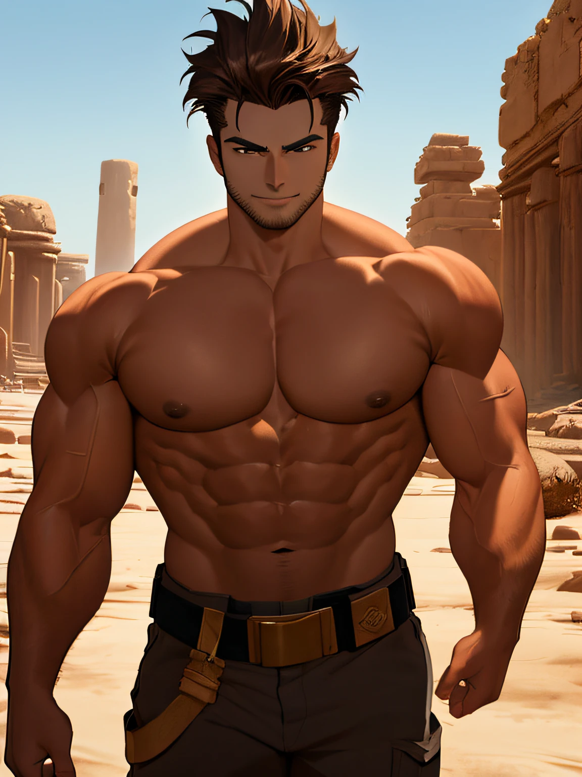 (1 man, ripped muscles, shirtless, topless, huge)), dark brown hair, windblown hair, short hair in a square quiff style with no sideburns, masculine, humane, attractive, handsome (detailed face, perfect face) ((extremely realistic shadows, masterpiece of art, extremely detailed, photorealistic), ((22 years old)), shirtless, topless, broad shoulders, huge muscular pecs, strong man, bodybuilder, 120kg, carefree expression, mischievous smile, huge, muscular, massive body, bulging pecs, muscular abs, narrow waist, brown Jedi-style baggy pants and buckleless cloth belt; short hair, blue eyes, large delicate eyes, wide eyes ((detailed eyes)) Ruins of a Jedi temple with a rocky desert.