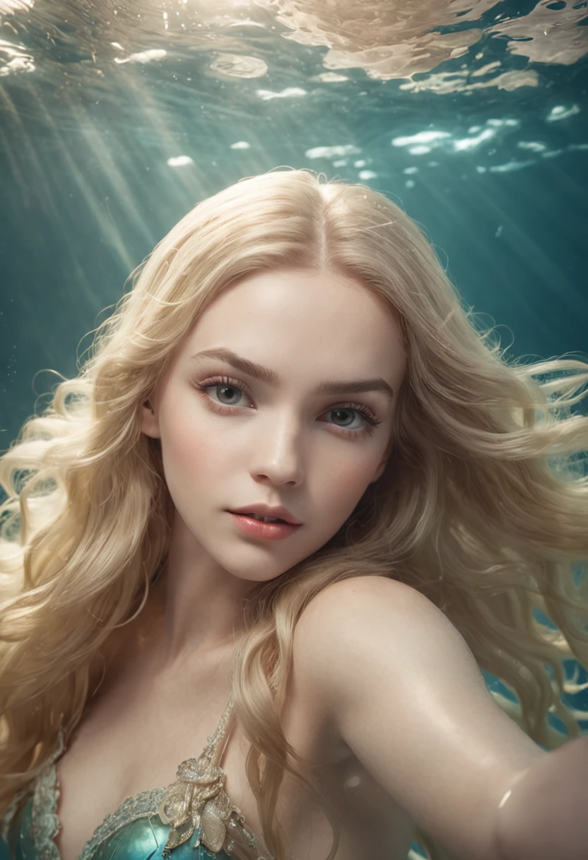 a mermaid swiming underwater. digital illustration, beautiful long blonde hair and angelic face, 16k, ultra high-quality render,