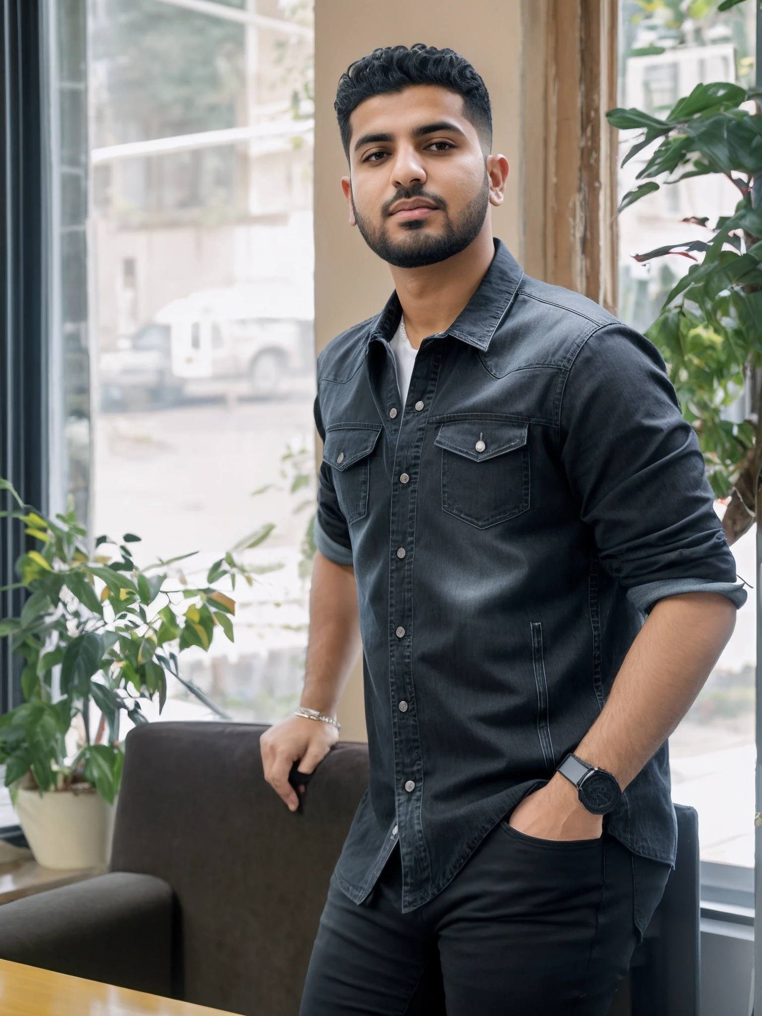 araffe man in a black shirt standing in front of a window, wearing a dark shirt and jeans, mohamed chahin, shot on canon eos r 5, shot on canon eos r5, riyahd cassiem, khyzyl saleem, mohamed chahin style, mid shot portrait, captured on canon eos r 6, taken with sony alpha 9