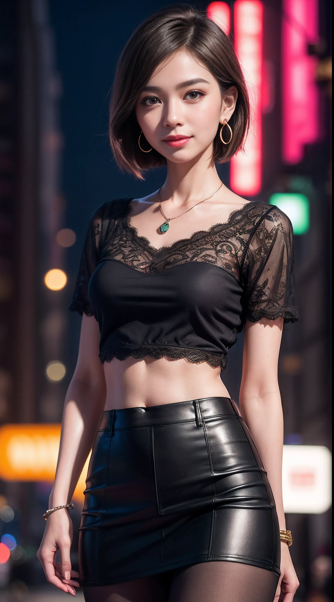 8k, masterpiece, RAW photo, best quality, photorealistic, extremely detailed CG unity 8k wallpaper, Depth of field, Cinematic Light, Lens Flare, Ray tracing, (extremely beautiful face, beautiful lips, beautiful eyes), intricate detail face, ((ultra detailed skin)) 1girl, in the dark, deep shadow, pretty asian girl, 1 girl, (very slim slender fit-muscled body:1.3), ((looking at viewer)),(big smile:1.3), (fashion city night, dark night, (neon sign), (blurred background), street night),(without people in the background:1.3), beautiful earrings, bracelets, necklace, pantyhose, clear eyes, (pale skin), (big eyes), face forward, ((upper body shot)), (looking at viewer:1.3) very slim, medium breasts, (Ultra-realistic, gazing at viewer, short skirt, (hight resolution), (8K), (ighly detailed), (Brown hair, short-hair), (Woman in short sleeve blouse, Show the navel), (hot pink color blouse), (see through tight blouse), (Slim body), open breasts, short silk skirt,