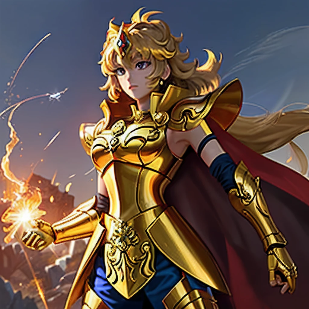 (masterpiece), (best quality), (1girl), girl in golden armor, cool pose, battle field background, fire background, saint seiya armor, messy hair