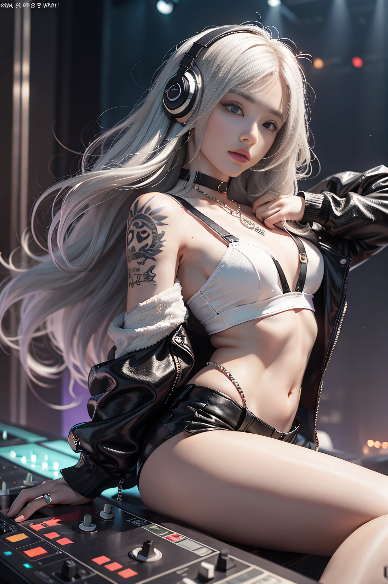 Authentic photography，Great handsome work，It is a real photo，clear picture quality，8K分辨率，8K HD CG production，Ultra-clear, high detal, Ultra-fine images，upscales, Clear and meticulous work，Detailed CG image quality:1.1，Ultra-high resolution large files，Advanced pixels，Advanced detailed details，Superb technical clarity detail：1.1，Authentic photography，Interior lighting effects，Natural dimming effect，Light effect（Simulate lighting effects：1.1）Woman on a plate，A female DJ，Goddess of electronic sound，Long-haired sister，Long silver hair，Long silver hair，Ultra-fine hair，Clear strands of hair（Super hair details：1.5），There are crimson pupils，A pair of hooked eyes，Delicate eyelash makeup, Thin eyebrows, Super detailed eyes，lips in red，Sexy big red lips， rosycheeks, Delicate facial makeup , Pretty face, a face with perfect proportion,（Advanced facial details：1.1），choker necklace，耳Nipple Ring，Bracelet，waist chains，Red headphones，Wear black leather shorts，Leather shorts，White sexy lingerie with black jacket，White suspender underwear，Pointed-toe heels，Small tattoo on the side of the navel，Tattooed with，Solo，Play on the nightclub stage，DJing on stage，Nightclub style，DJ plays，Electric DJ series，Black and white series，Format the picture，Mature series，Authentic photography，album covers，真实感，Amazing