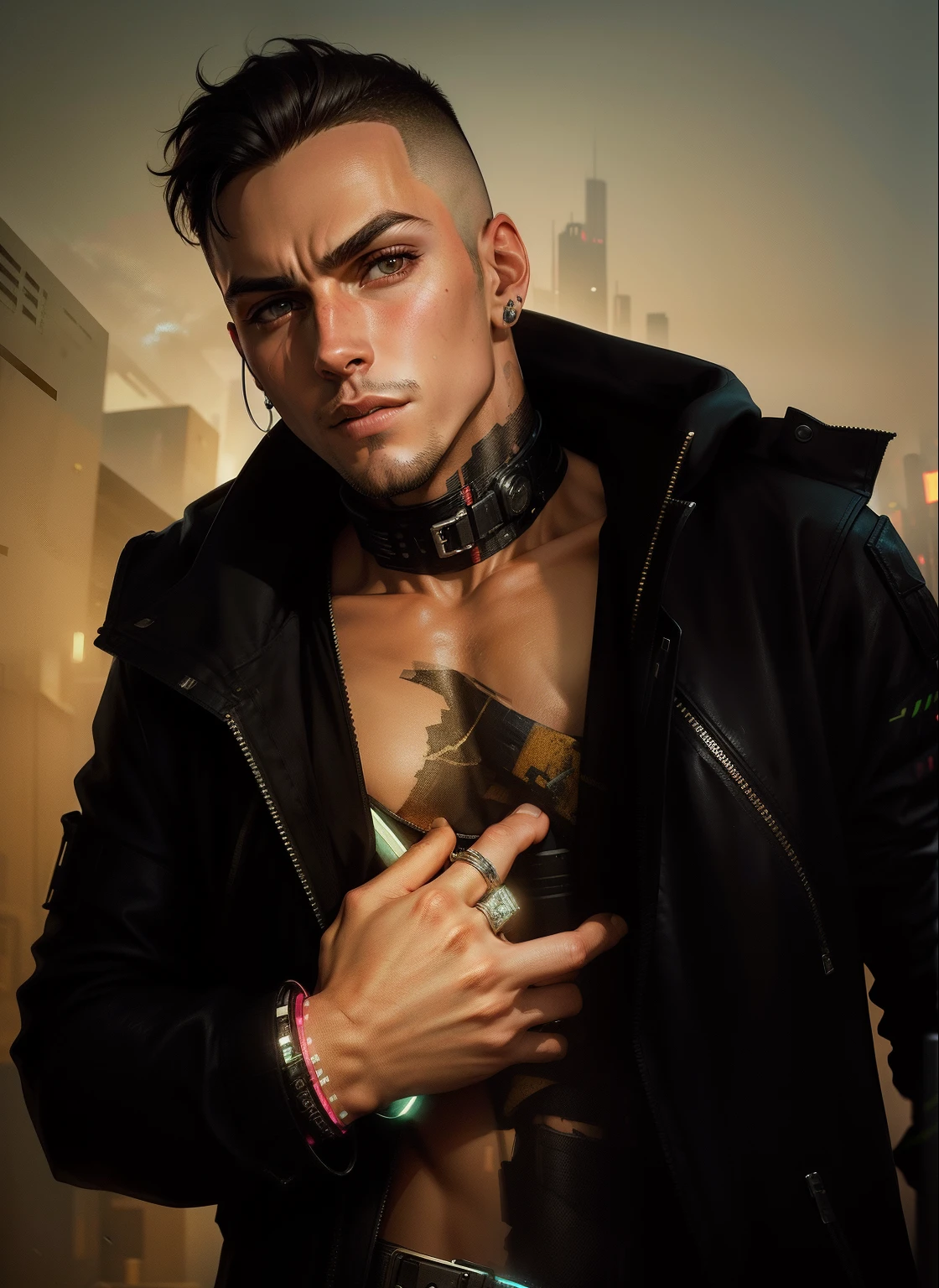 "Change background to a cyberpunk setting featuring a handsome boy."