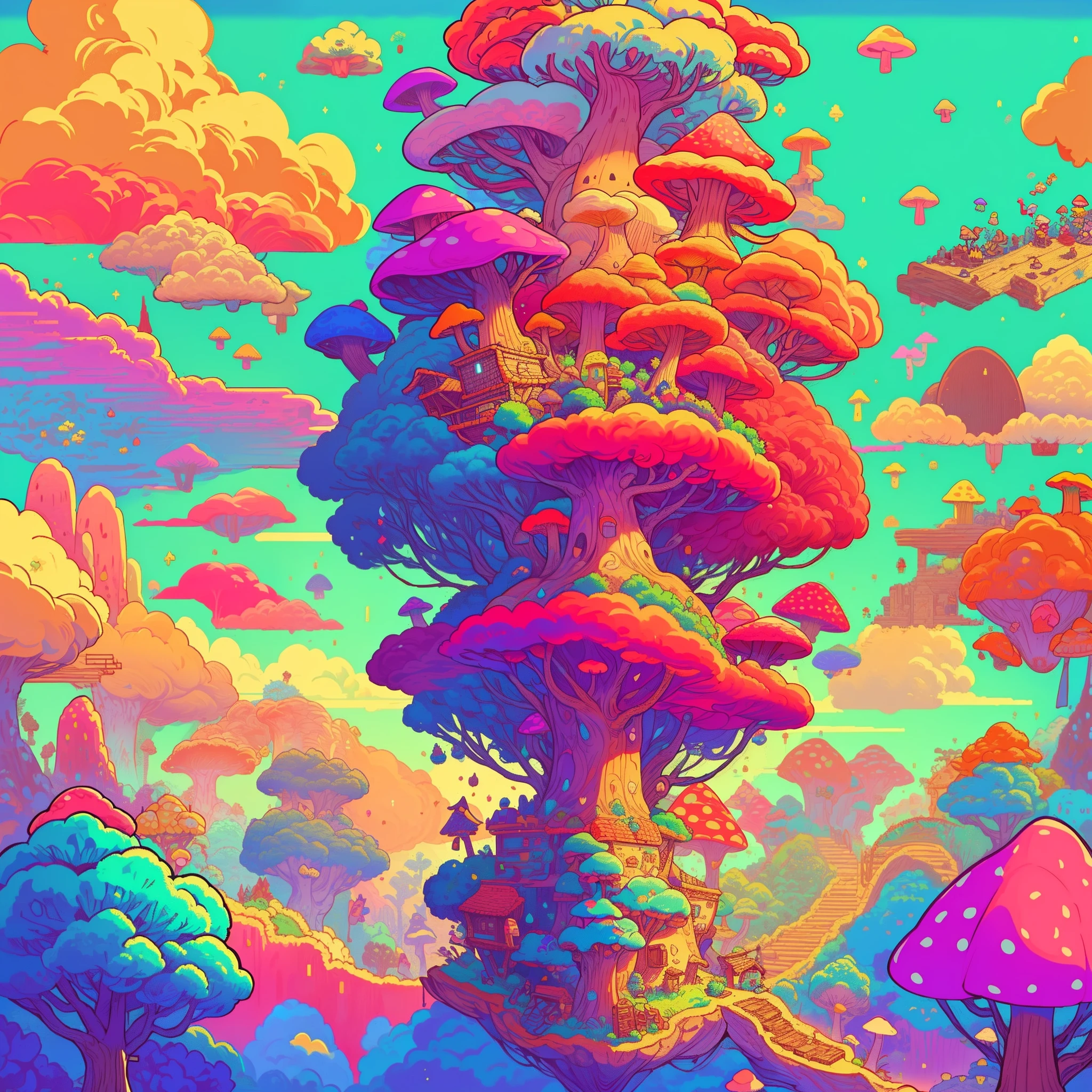 Uma pixel art de um jogo de plataforma, with a pixelated character jumping over obstacles, coletando moedas e enfrentando inimigos. The scenery is colorful and fun, com nuvens, Trees and mushrooms. A retro style that shows the nostalgia and challenge of classic games.