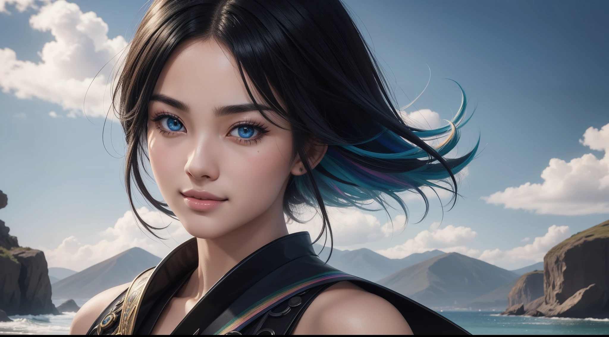 "20 years old cheerful Fubuki is a real masterpiece with feminine beauty, perfect anatomy. Olpntng style, colorful rainbow, black samurai outfit, clean design, epic Instagram, artstation, full full of color paint streaks, circles, contours When you look at her Beautiful eyes you will clearly see every little detail and perfect lines, every detail on the skin is beautiful in 8K quality. Mesmerized by the confidence that radiates from every glance. His head has black hair and his face has been meticulously painted in every detail with 8K image quality."