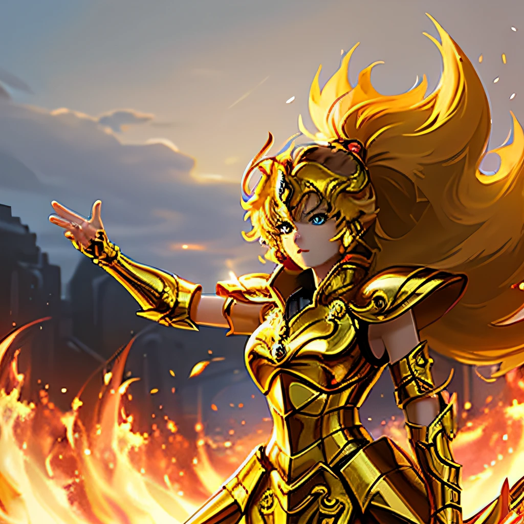 (masterpiece), (best quality), (1girl), girl in golden armor, cool pose, battle field background, fire background, saint seiya armor, messy hair