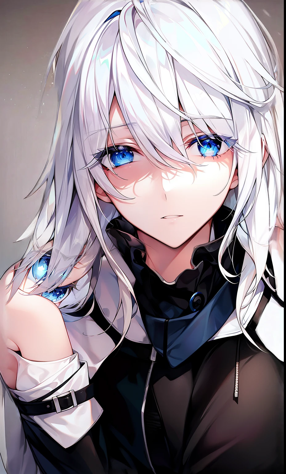 An anime boy with medium long hair, the right half of his hair is black and the left half of his hair is white.
