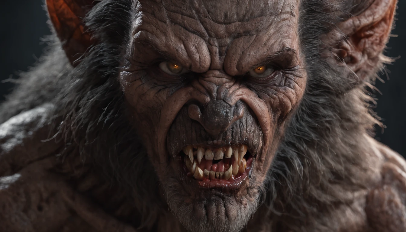 Absurd, very high resolution, super detailed, representing a view from the front (((a close-up of a face half man and half werewolf))), ears and teeth and fur, (((show suffering from the transformation))), showing the effects of change in soft lighting, intimate moments, and feelings of sadness and misery, Create stunning images of a transformation with long exposures that capture the beauty and movement of celestial bodies, forest environment, characterized by a transformation, a night with many stars , and a non-vibrant atmosphere. capturing the original appeal of primitive art, bold, simplified forms, intense colors, emphasizing raw emotions and instincts, biblical stories, bible, nebuchadnezzar