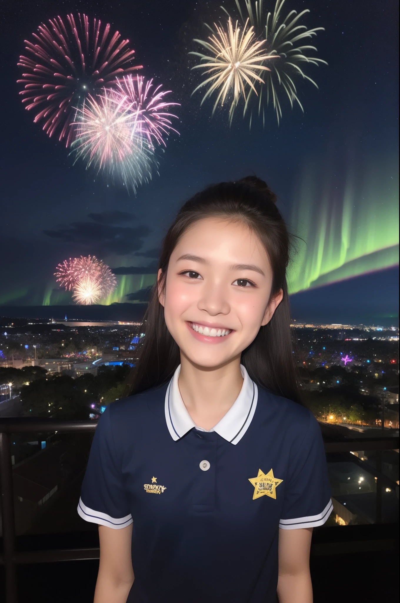 A smile、hi-school girl、校服、shortsleeves、Disney land、While doing fireworks、starrysky、Aurora