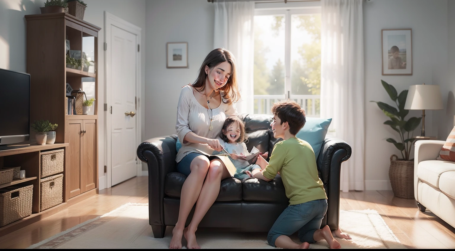 mom sits comfortably in a chair, children doing homework on the floor, (children 4-5 years old), Low-angle camera, high detail, Cinematic,