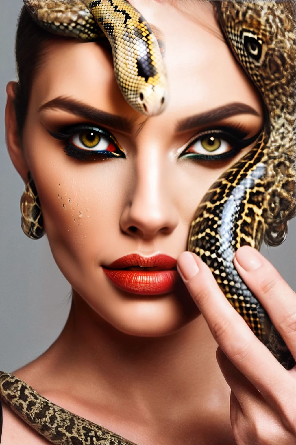 a close up of a woman holding a snake over her head, snake-face lady, mixed with snake, with snakes for hair, snake woman, with the head of a snake, queen of snakes, snakes for hair, her many snakes as hair, snake woman hybrid, holding a snake, snake human hybrid, snake oil skin, inspired by Hedi Xandt, skin pores, ski. Textures , masterpiece, 8k, analog film