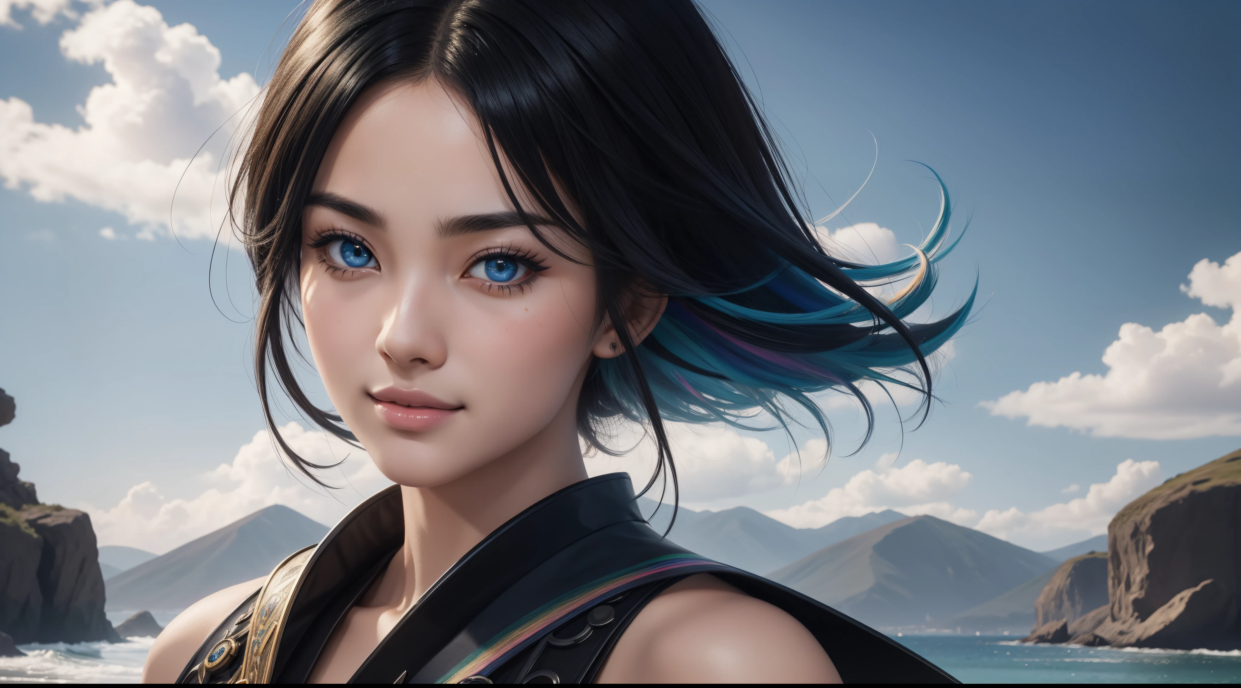 "20 years old cheerful Fubuki is a real masterpiece with feminine beauty, perfect anatomy. Olpntng style, colorful rainbow, black samurai outfit, clean design, epic Instagram, artstation, full full of color paint streaks, circles, contours When you look at her Beautiful eyes you will clearly see every little detail and perfect lines, every detail on the skin is beautiful in 8K quality. Mesmerized by the confidence that radiates from every glance. His head has black hair and his face has been meticulously painted in every detail with 8K image quality."