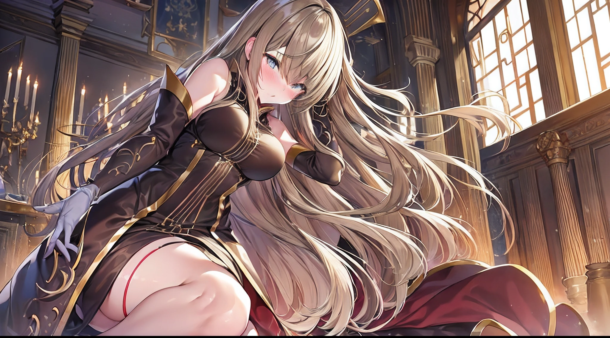 ((adult lady)),((Drunken eyes,bitch)),((anime moe art style)),((masterpiece)), (top-quality), (super detailing), (((extremely delicate and beautiful))), dynamic ungle,Look at viewers,((Cowboy Shot)))finerly detailed face, long eyeslashes,Bangs between the eyes,Curvaceous,(perfect leg、perfect hand、Perfect whole body),antique、a chair、 Tier Grants, Hair over one eye, brown robes, Bare shoulders, Detached sleeves, White Gloves、(large full breasts)、(((red blush))),nffsw, (grabbing on breasts,Breast Lift),Official Costume, default, body suit