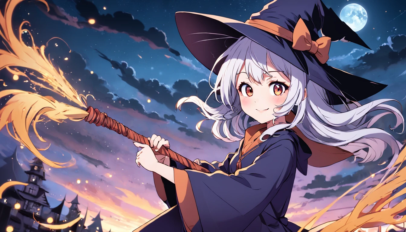 coloring page、Line only、Cartoon style、dense lines、LOW detail、Witch on a broom、a smile、kawaii