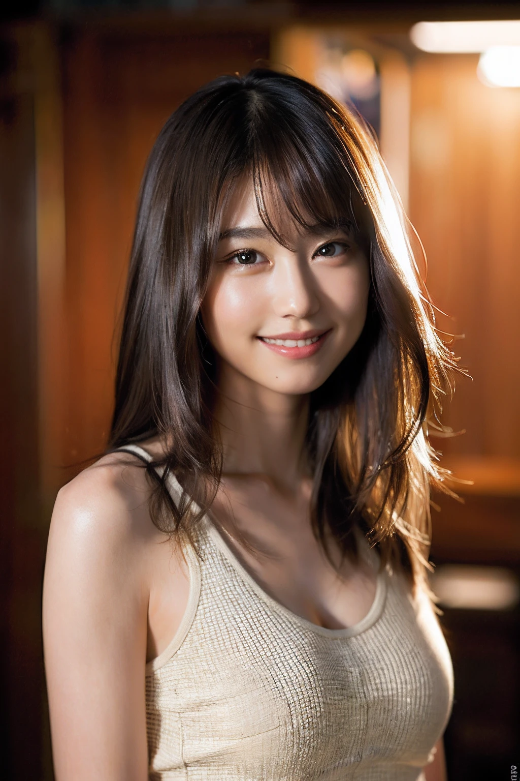 (8K、Raw photography、top-quality、​masterpiece:1.2)、(realisitic、Photorealsitic:1.37)、ultra-detailliert、超A high resolution、女の子1人、see the beholder、beautifull detailed face、A smile、Constriction、(Slim waist) :1.3)、Beautiful detailed skin、Skin Texture、Floating hair、Professional Lighting、Whole human body、Longhaire、Pink and white striped underwear、cleavage of the breast、childs room、a bed、Suppin、Bob Hair、E-cup、Happy smile、sixteen years old、Red ribbons