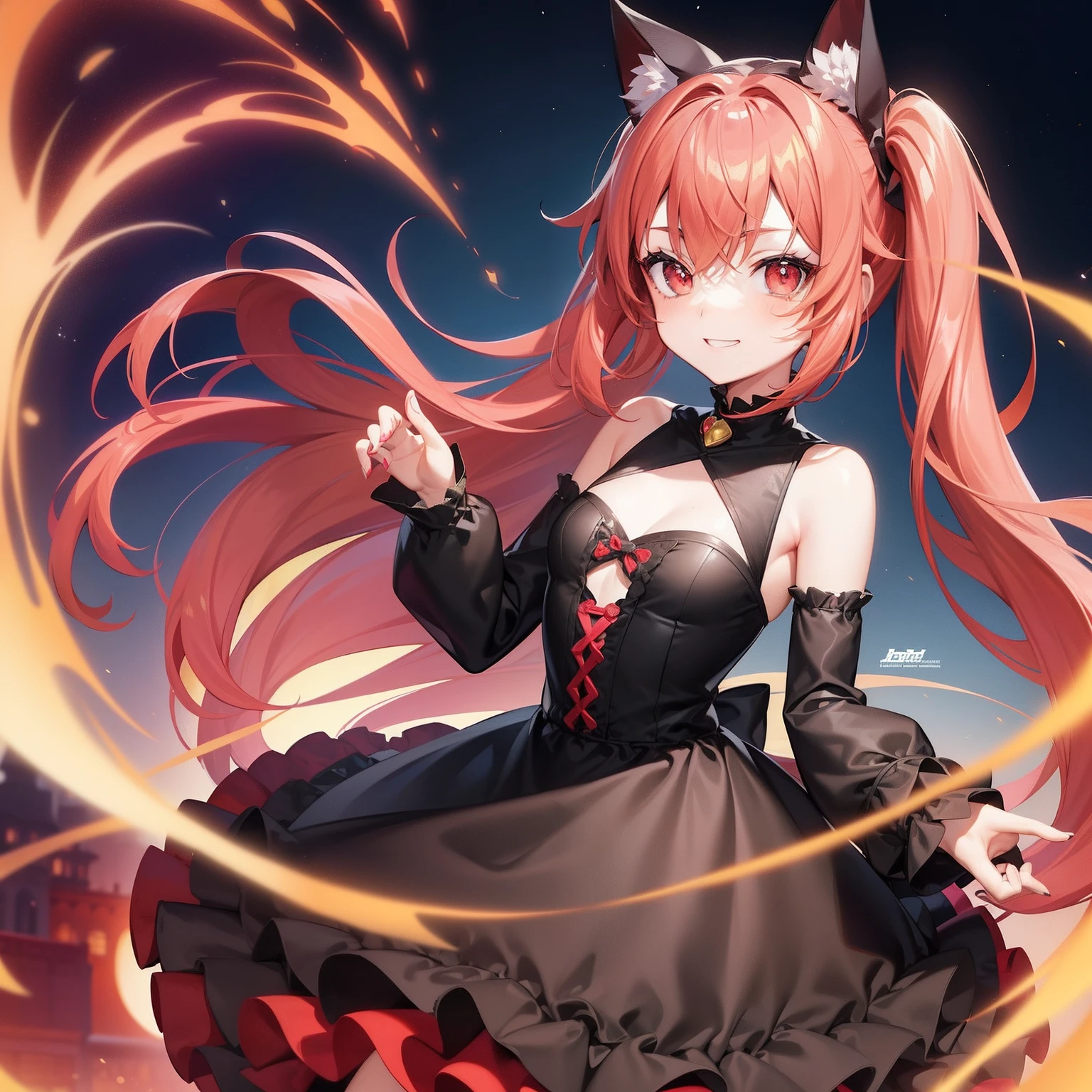 Anime filling,Two-dimensional illustration,Red hair,Half Twin Tail,shorth hair,Big eyes,A smile,a beauty girl,cute little,Super Cute,Black cat ears,Red Eyes,Ruffled Clothes,Black lace clothes,Inner colorGreen,One girl,Full body painting,A masterpiece of 2D art,(​masterpiece,Top image quality:1.3),(detaile:1.2),(女の子1人),Standing picture