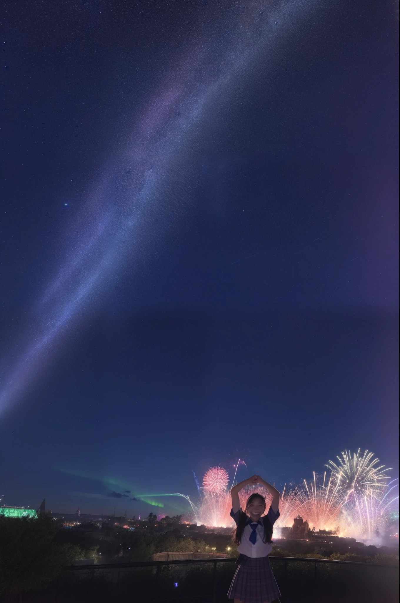 A smile、hi-school girl、校服、shortsleeves、Disney land、While doing fireworks、starrysky、Aurora