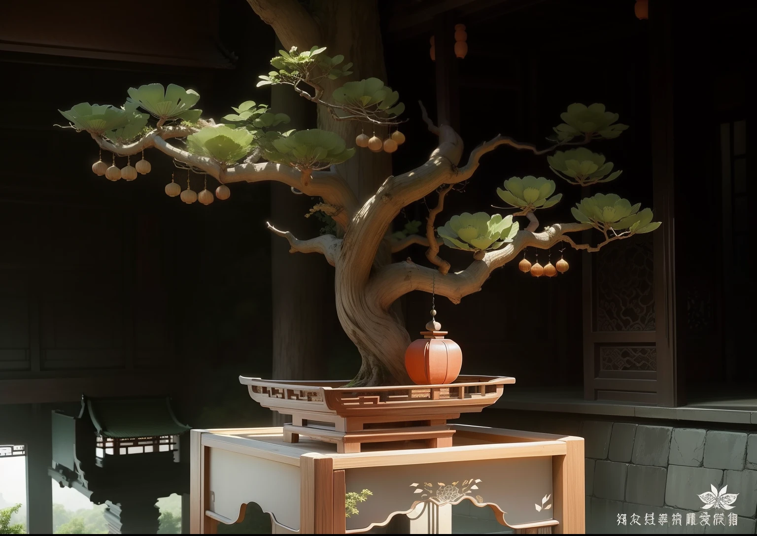 Extract the tree at the top,Don't do anything else in context,Change a beautiful and fresh background。The tree is replaced with an aesthetic Chinese style,ancient wind。