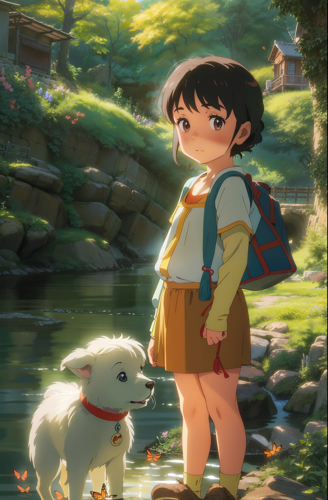 Ghibli colors, Cinematic lighting effects, Scene of country children playing by the river,There are fruits and vegetables,There are puppies,There are butterflies,Super healing,in style of hayao miyazaki,(Sunshine 1.1)closeup cleavage,tmasterpiece,Super light and shadow,Super textured