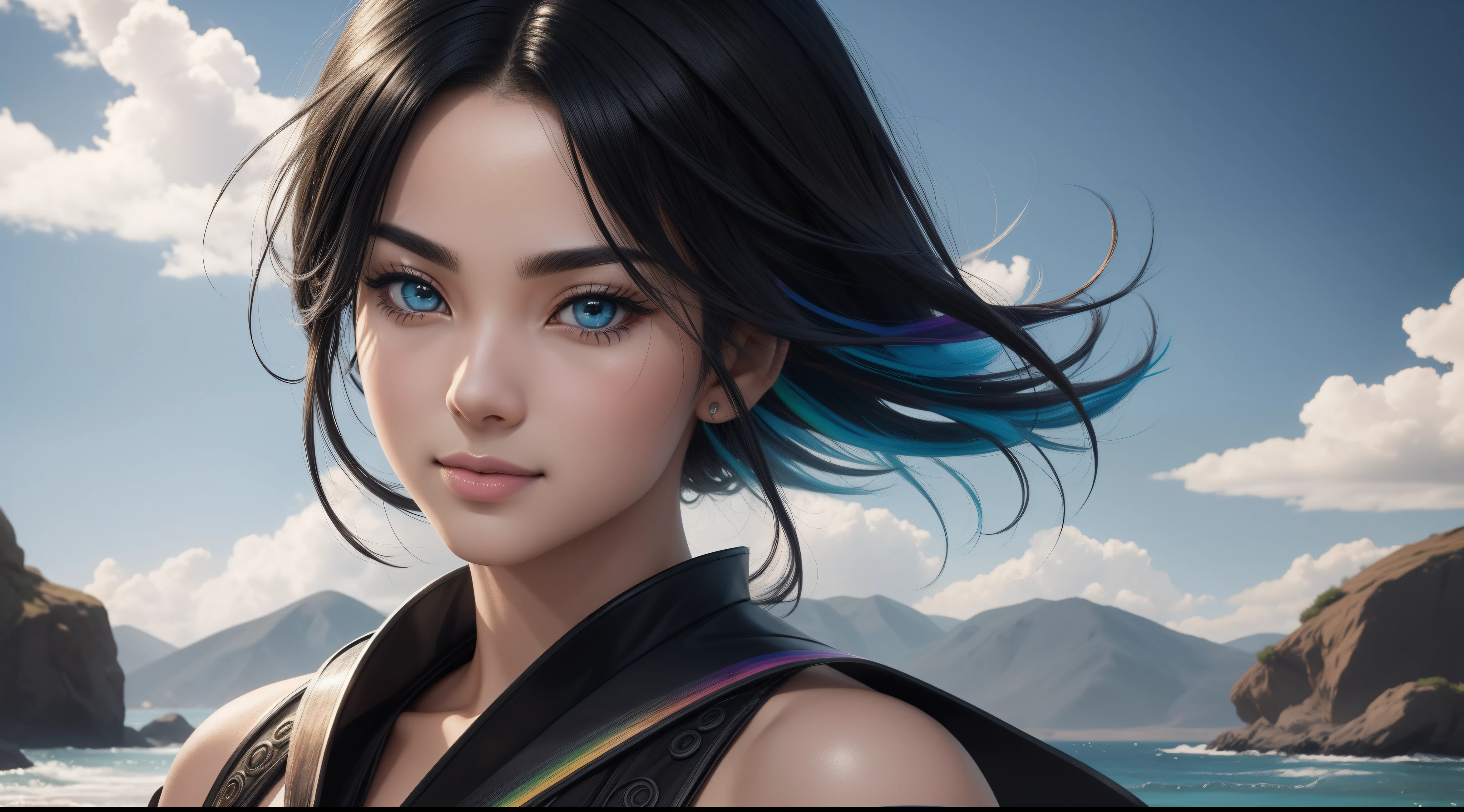"20 years old cheerful Fubuki is a real masterpiece with feminine beauty, perfect anatomy. Olpntng style, colorful rainbow, black samurai outfit, clean design, epic Instagram, artstation, full full of color paint streaks, circles, contours When you look at her Beautiful eyes you will clearly see every little detail and perfect lines, every detail on the skin is beautiful in 8K quality. Mesmerized by the confidence that radiates from every glance. His head has black hair and his face has been meticulously painted in every detail with 8K image quality."