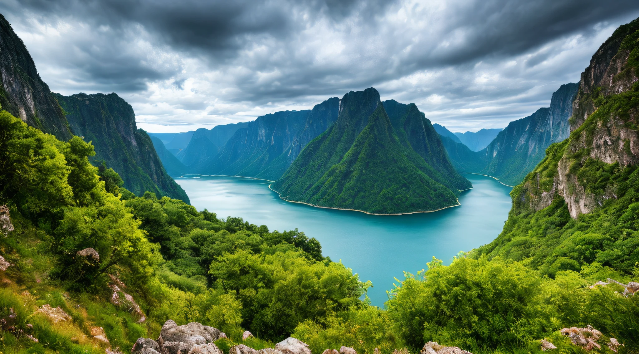 Masterpiece, ultimate quality, Cg unity 8k wallpaper, super delicate, beautiful sky and clouds, rich natural scenery, cliffs, lakes and rivers, waterfalls and flying water, beautiful green mountains, no trace of people, excellent scenery, has already won a photo contest, background Blurring, full depth of field, HDR high dynamics, true restoration, intricate, extreme details, dramatic presentation, perfectly presenting the style of midjourney art.