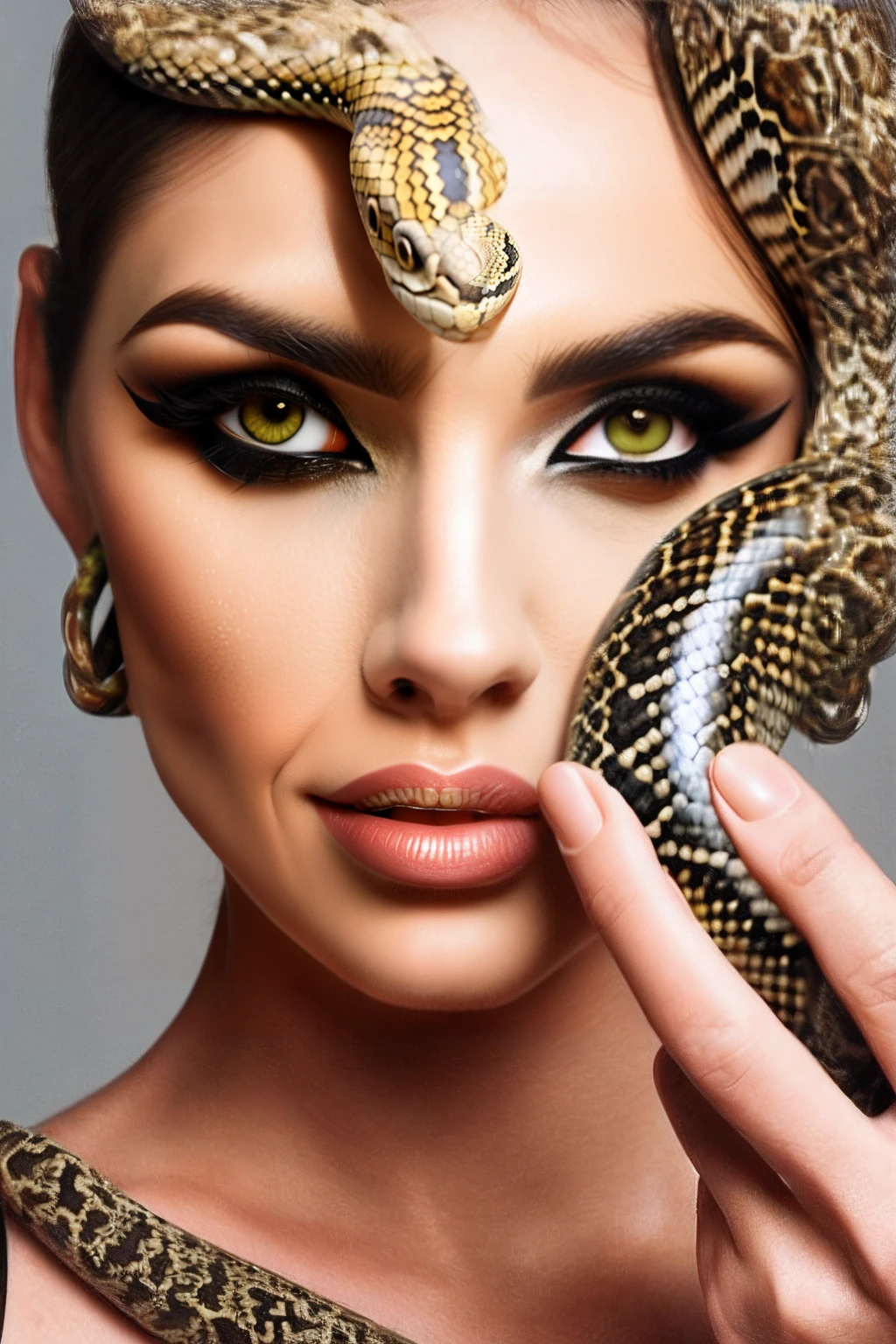 a close up of a woman holding a snake over her head, snake-face lady, mixed with snake, with snakes for hair, snake woman, with the head of a snake, queen of snakes, snakes for hair, her many snakes as hair, snake woman hybrid, holding a snake, snake human hybrid, snake oil skin, inspired by Hedi Xandt