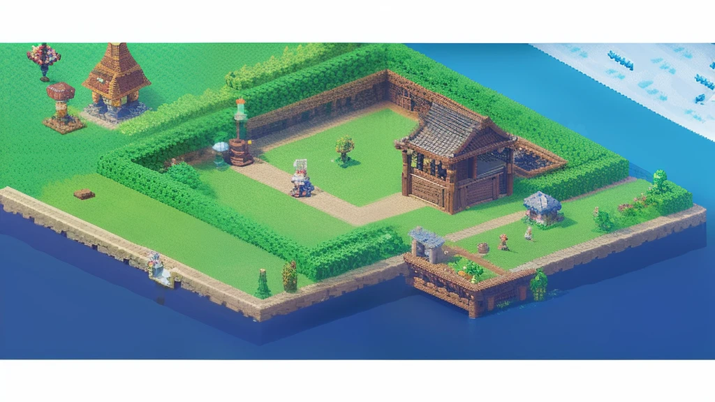 鸟山明风格，Flat pixel games《dragon quest》，Game scene design，（a paradise：1.4），16-bit pixels